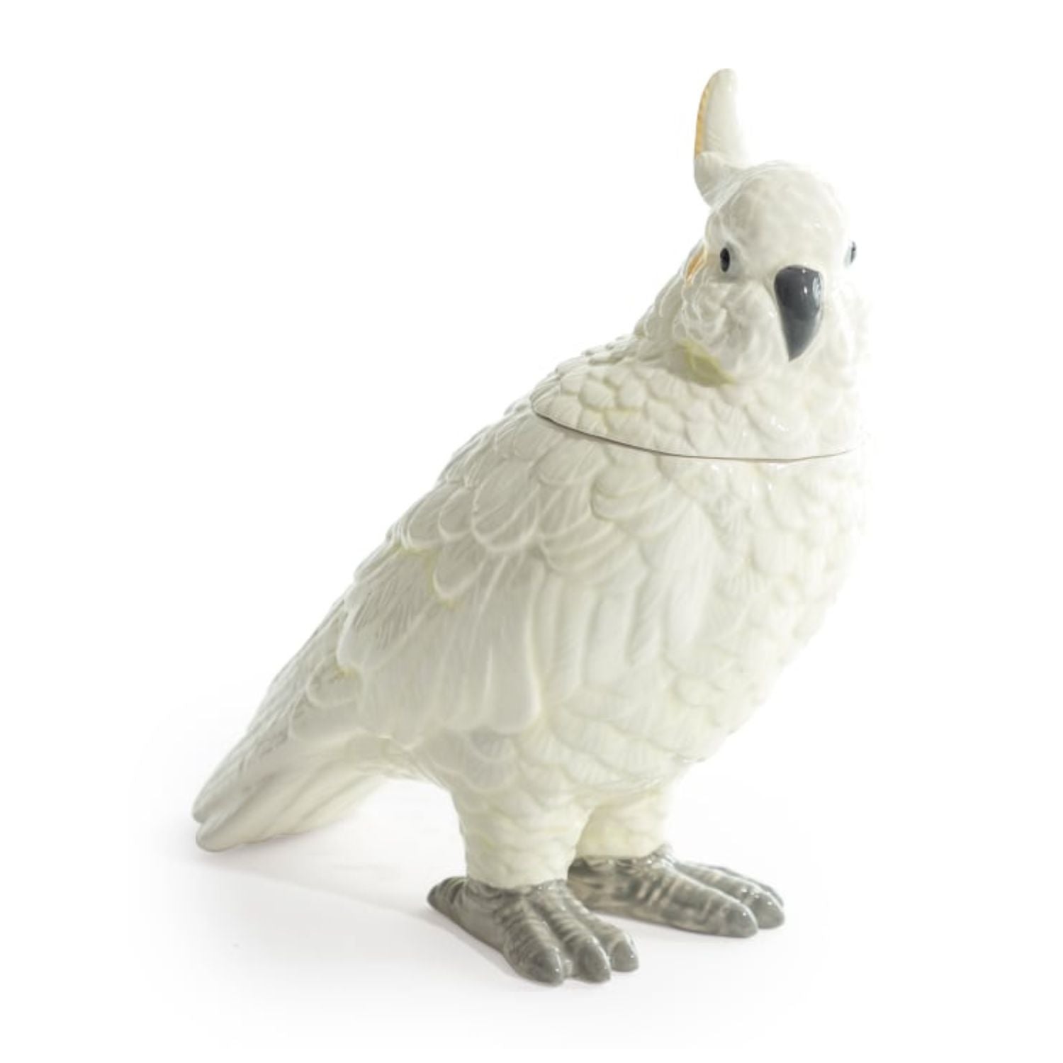 Glossy white ceramic parrot storage jar with removable head on a white background, decorative home accessory by Lizzie Onion’s Emporium.