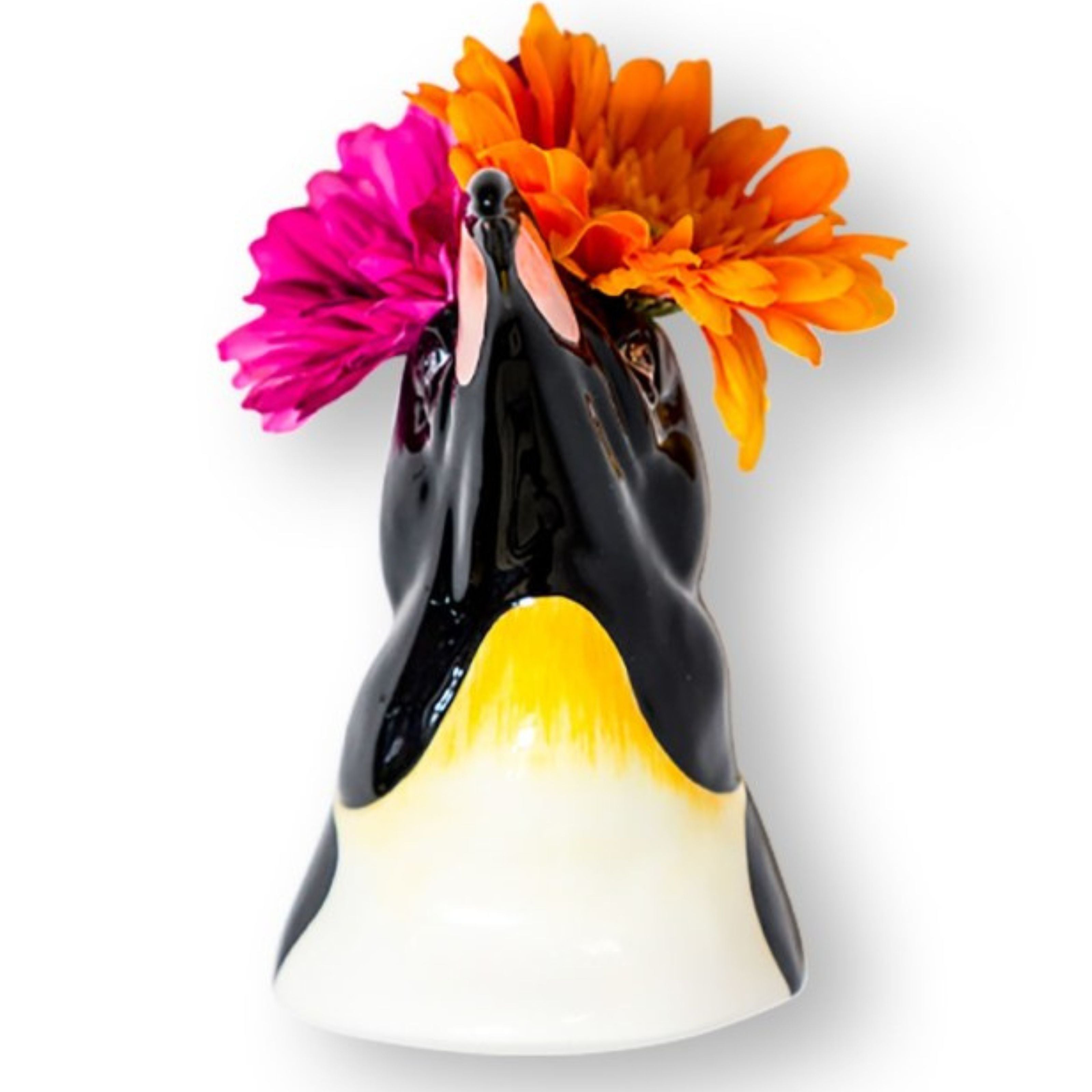 Hand-painted ceramic penguin head wall vase with bright orange and pink flowers, shown against a white background.