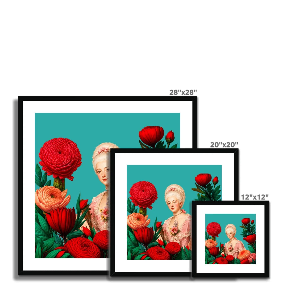 Lady Amélie de Rose Rococo framed wall art shown in 12, 20 and 28 inch square sizes