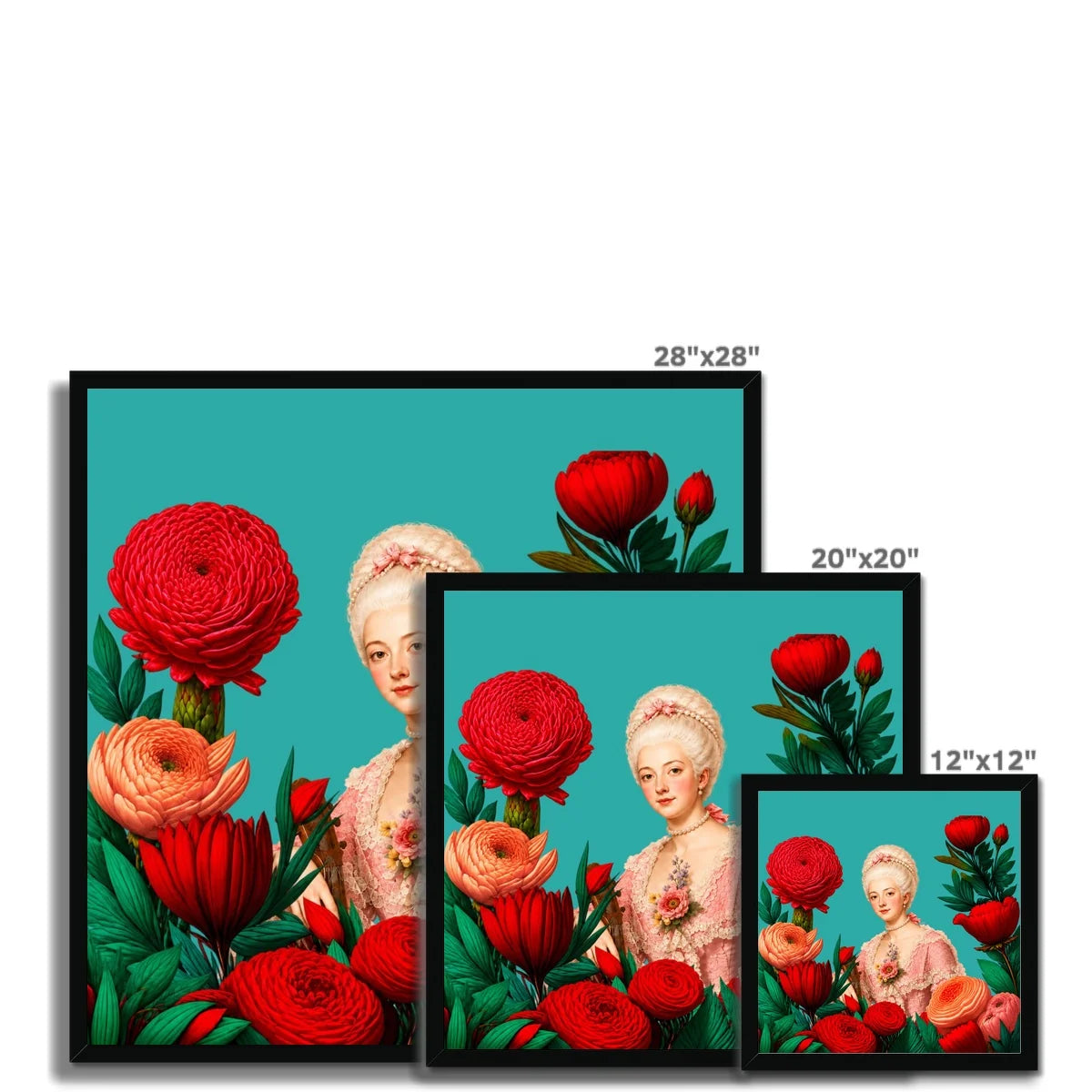 Lady Amélie de Rose Rococo framed wall art shown in 12, 20 and 28 inch square sizes without mounts