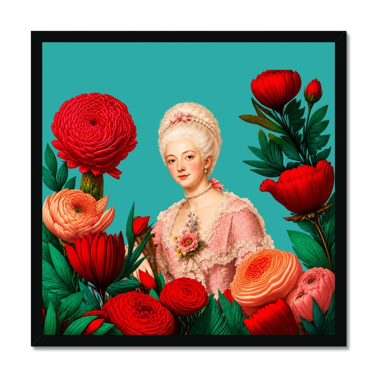 Lady Amélie de Rose Rococo framed wall art with red flowers on a turquoise background
