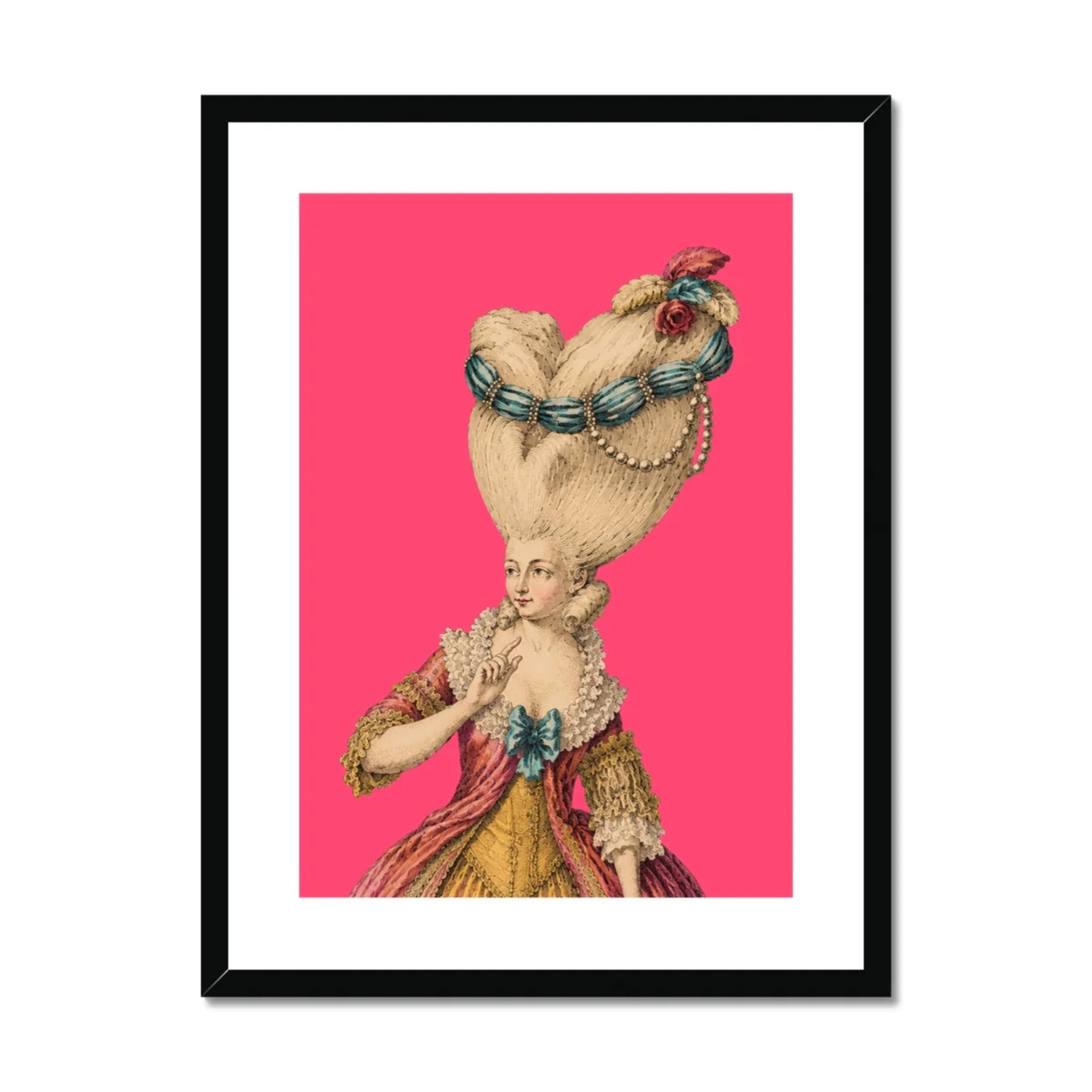 Lady Celestine Pompadour black framed and mounted portrait print featuring an extravagant Rococo lady with an elaborate powdered hairstyle adorned with blue ribbons, pearls and floral details, set against a vibrant pink background with a white mount. Exclusive maximalist wall art by Lizzie Onion's Emporium.