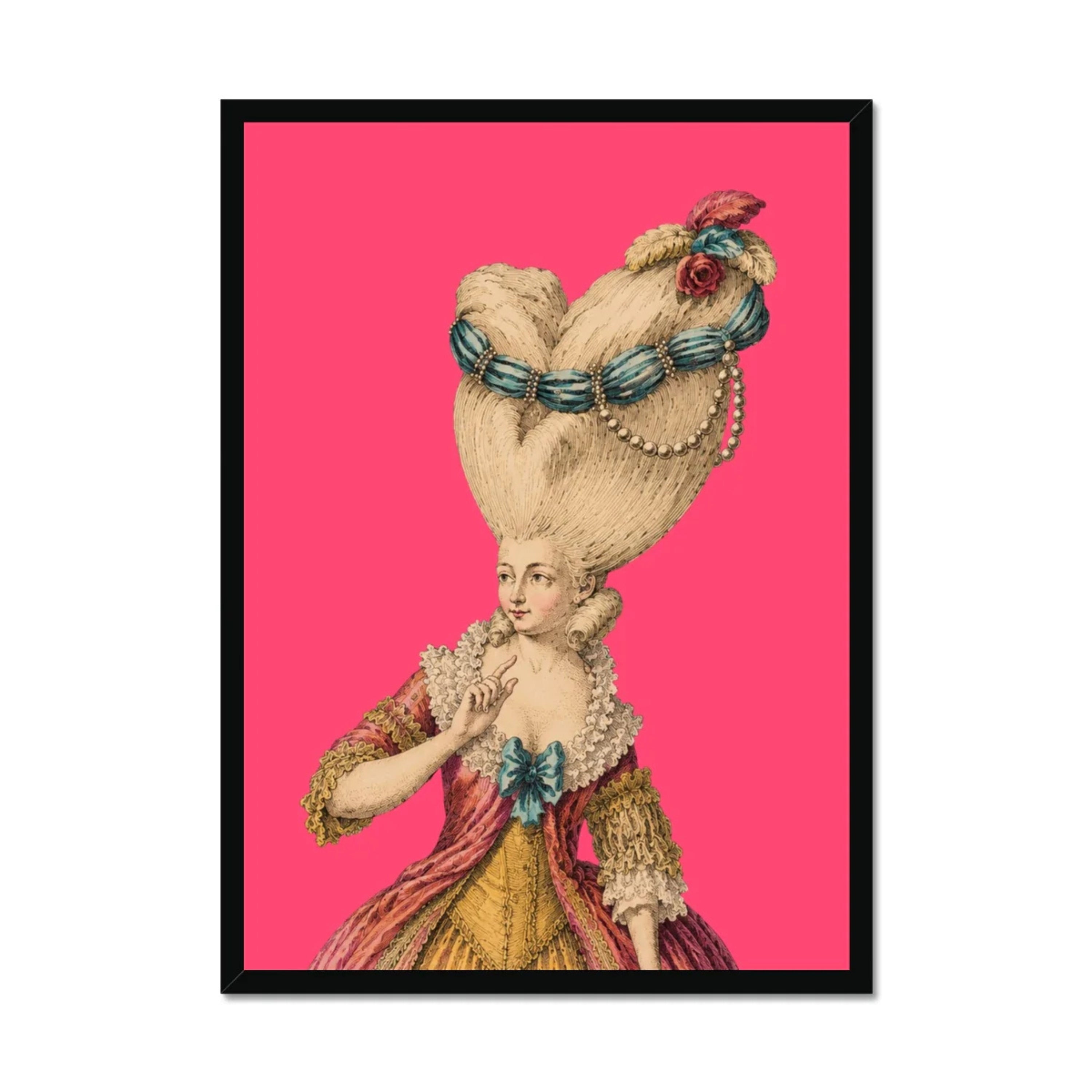 Lady Celestine Pompadour black framed and mounted print featuring an extravagant Rococo lady with an elaborate powdered hairstyle adorned with blue ribbons, pearls and floral details, set against a vibrant pink background with a white mount. Exclusive maximalist wall art by Lizzie Onion's Emporium.