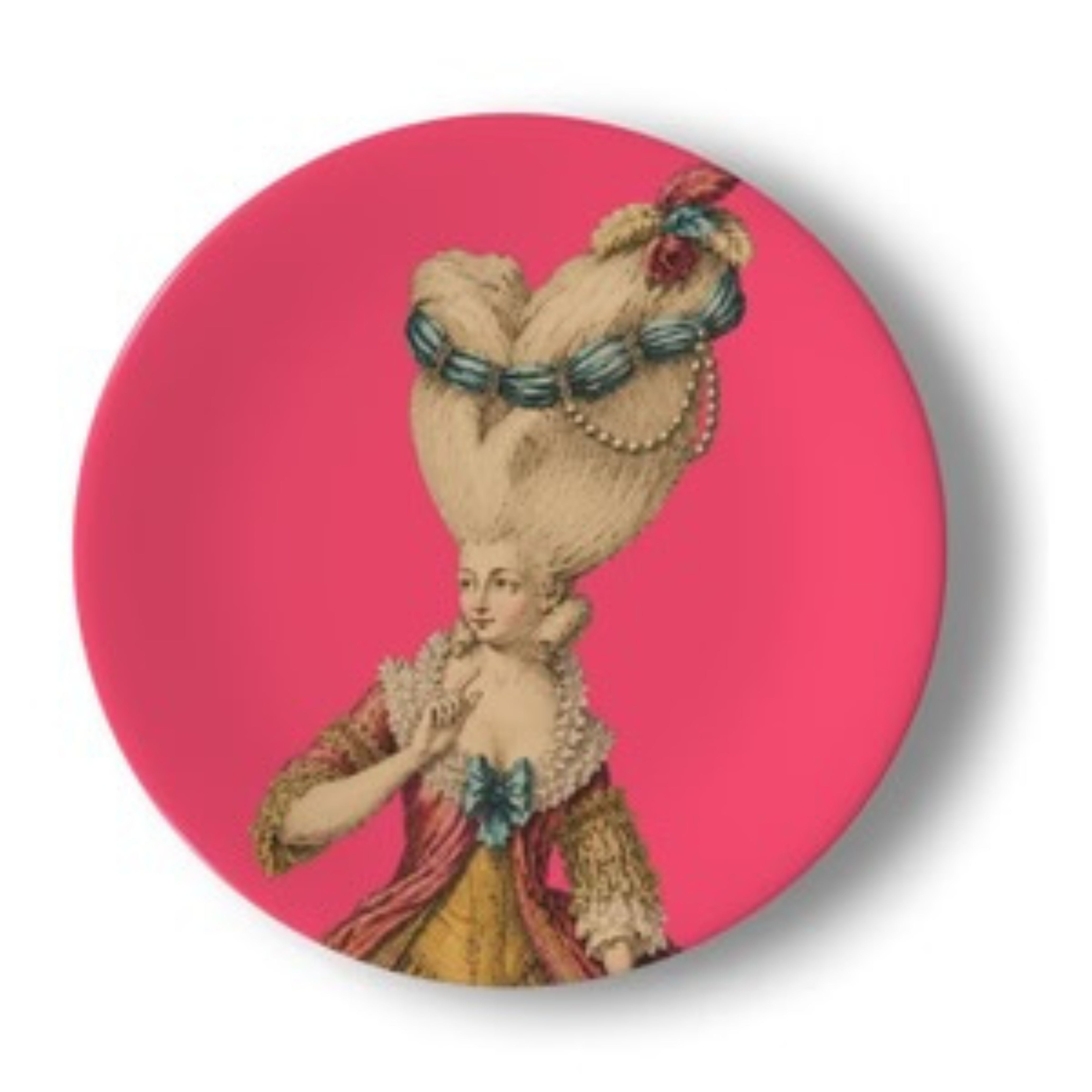Lady Celestine Pompadour decorative ceramic plate featuring an extravagant 18th century Rococo hairstyle with blue ribbon detailing against a vivid pink background in bold maximalist style.