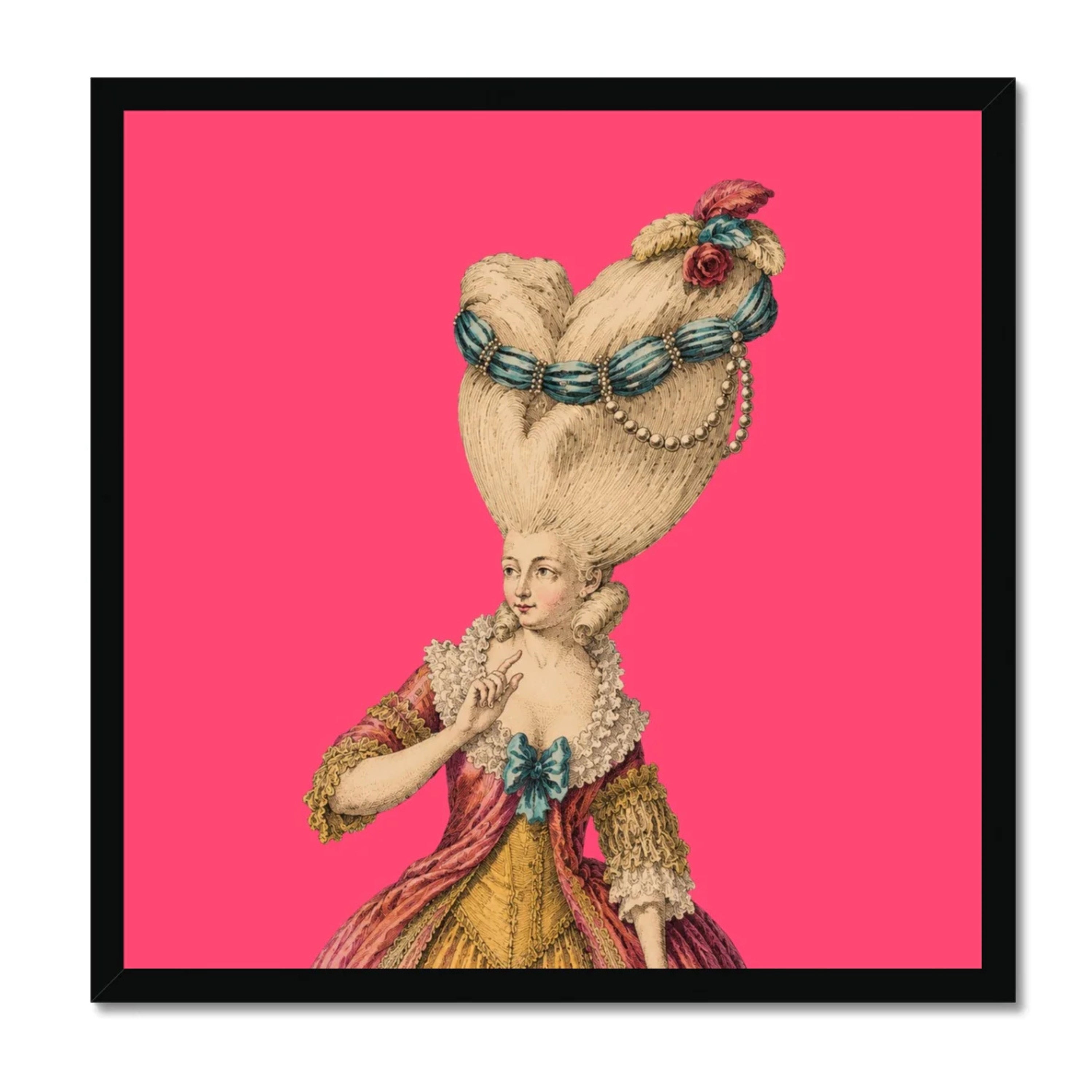 Lady Celestine Pompadour framed print featuring an extravagant Rococo lady with an elaborate powdered hairstyle adorned with blue ribbons, pearls and floral details, set against a vibrant pink background in a black square frame. Exclusive maximalist wall art by Lizzie Onion's Emporium.