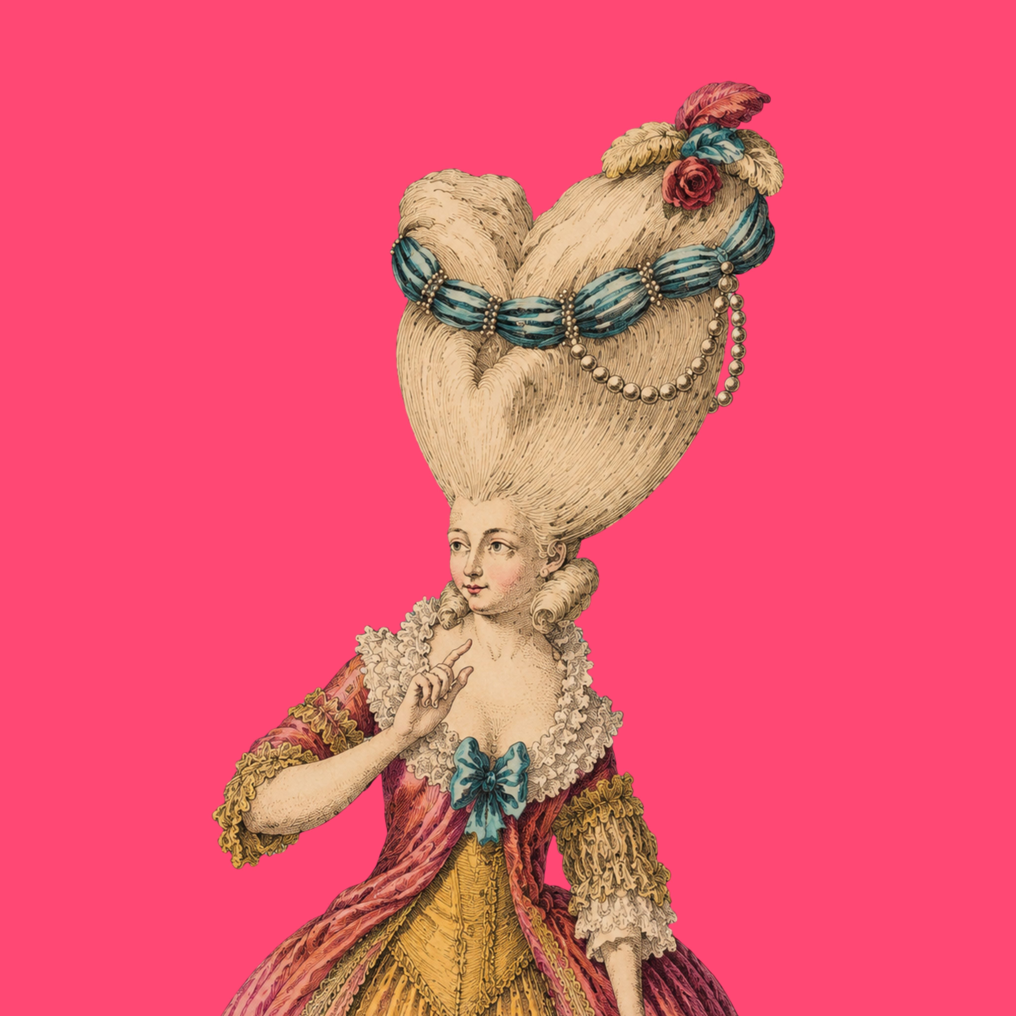 Lady Celestine Pompadour vintage Rococo artwork featuring towering powdered hair with blue ribbon and pearl detailing against a vivid pink background in bold maximalist style.