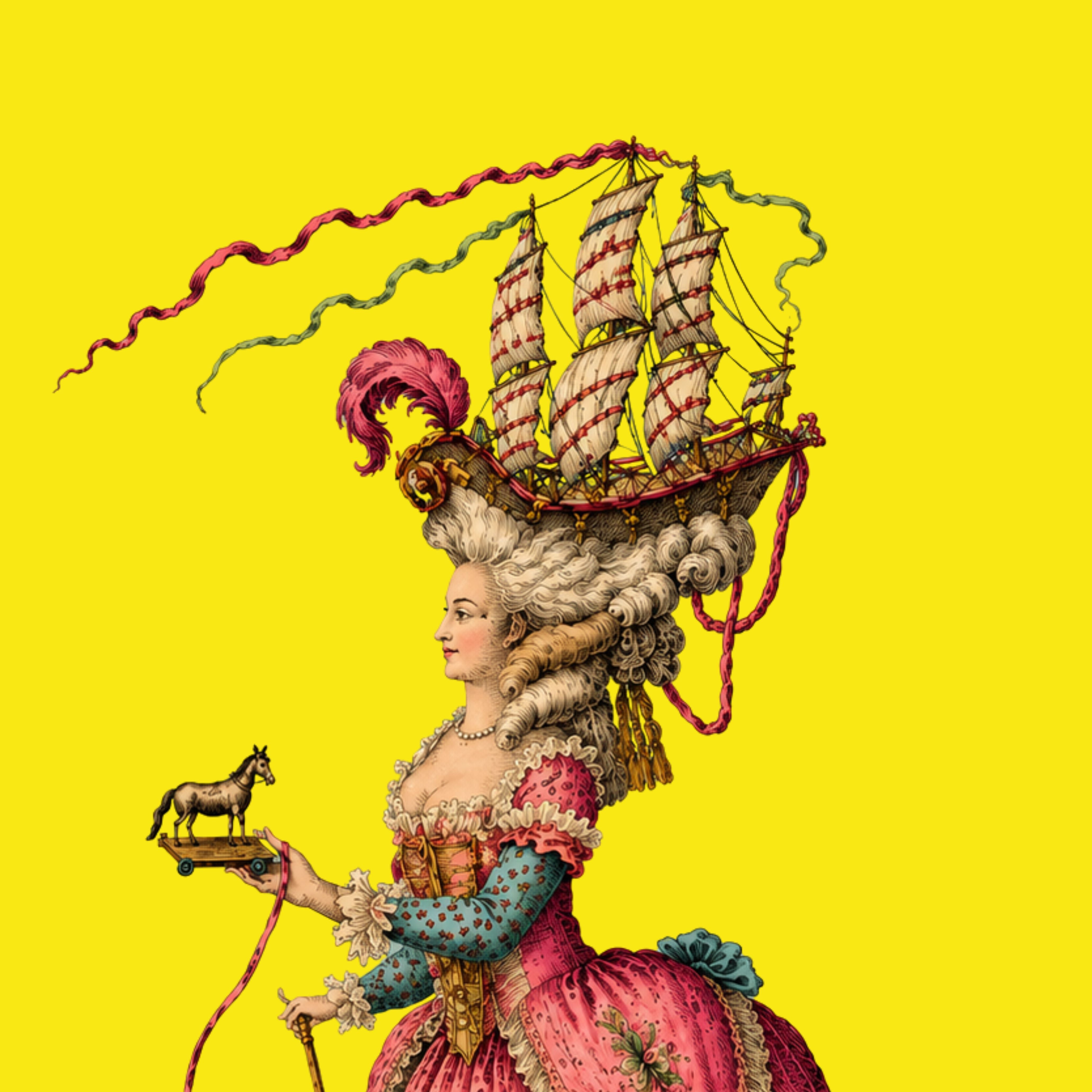 Lady Seraphina La Traversée Rococo artwork featuring an extravagant 18th century powdered hairstyle with elaborate sailing ship, flowing ribbons and vivid acid yellow background in bold maximalist style.