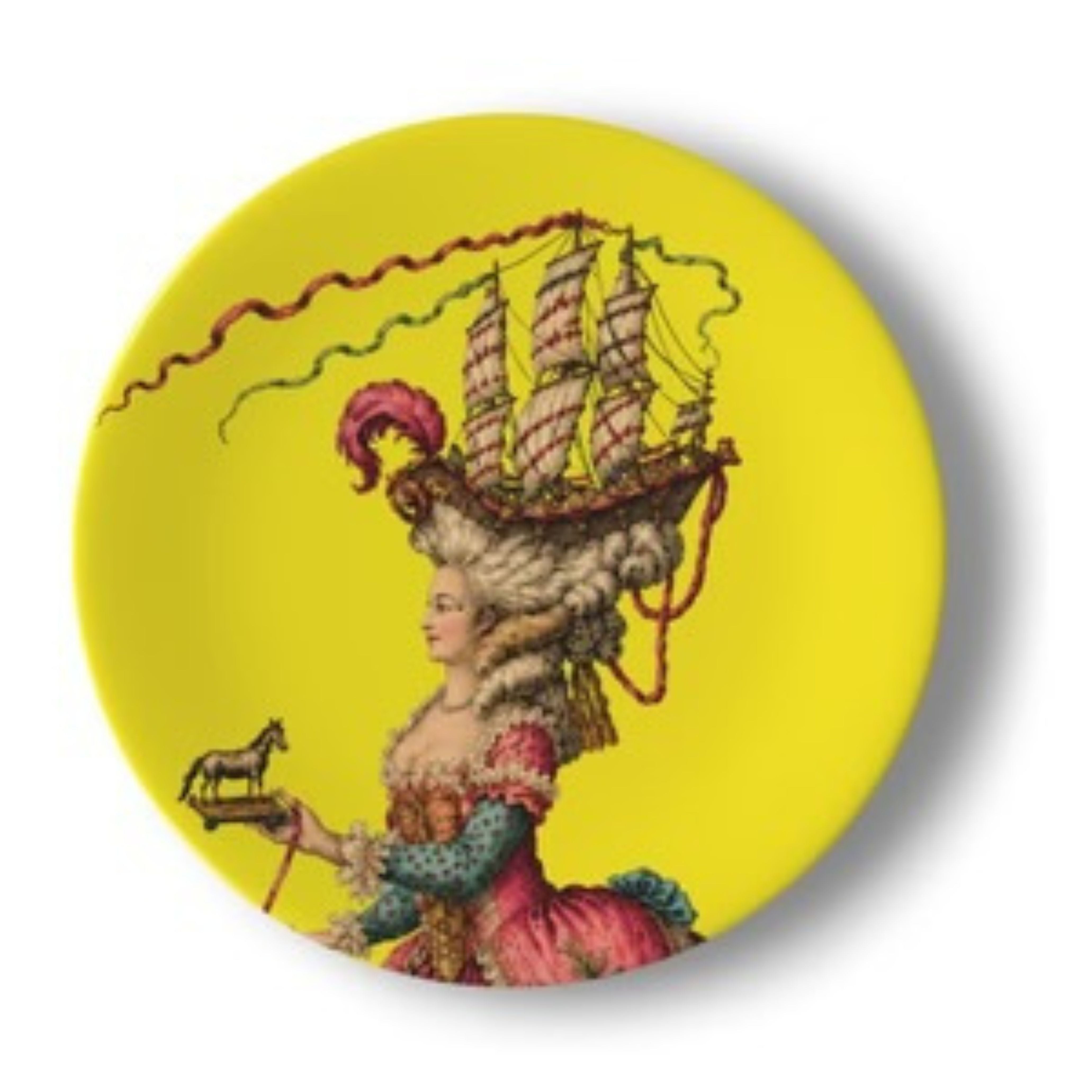 Lady Seraphina La Traversée decorative ceramic plate featuring an extravagant 18th century Rococo portrait with elaborate sailing ship hairstyle, flowing ribbons and vivid acid yellow background in bold maximalist style.