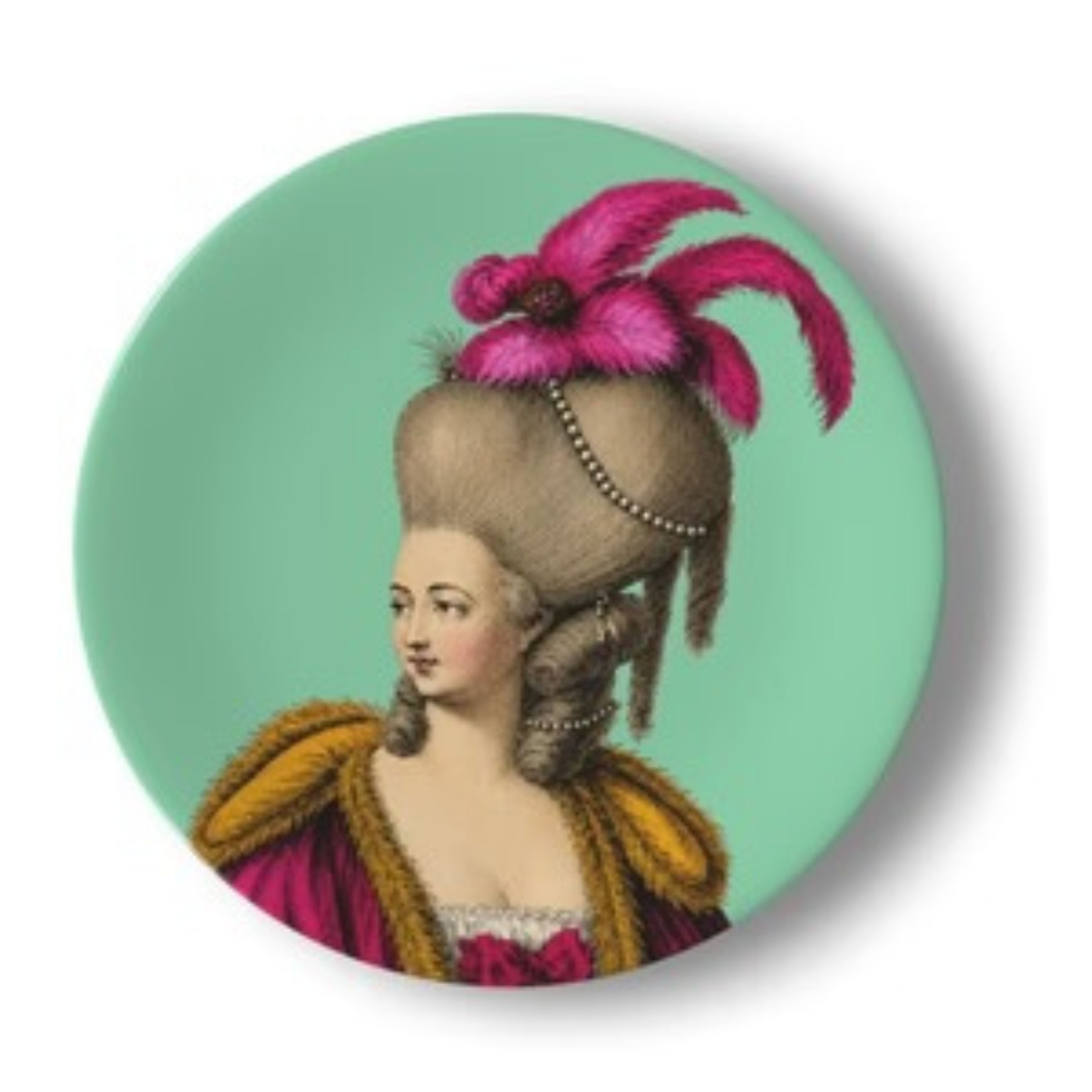Lady Seraphine Featherstone decorative ceramic plate featuring an 18th century Rococo fashion portrait with towering powdered hair, vivid pink feathers and mint green background in maximalist vintage style.