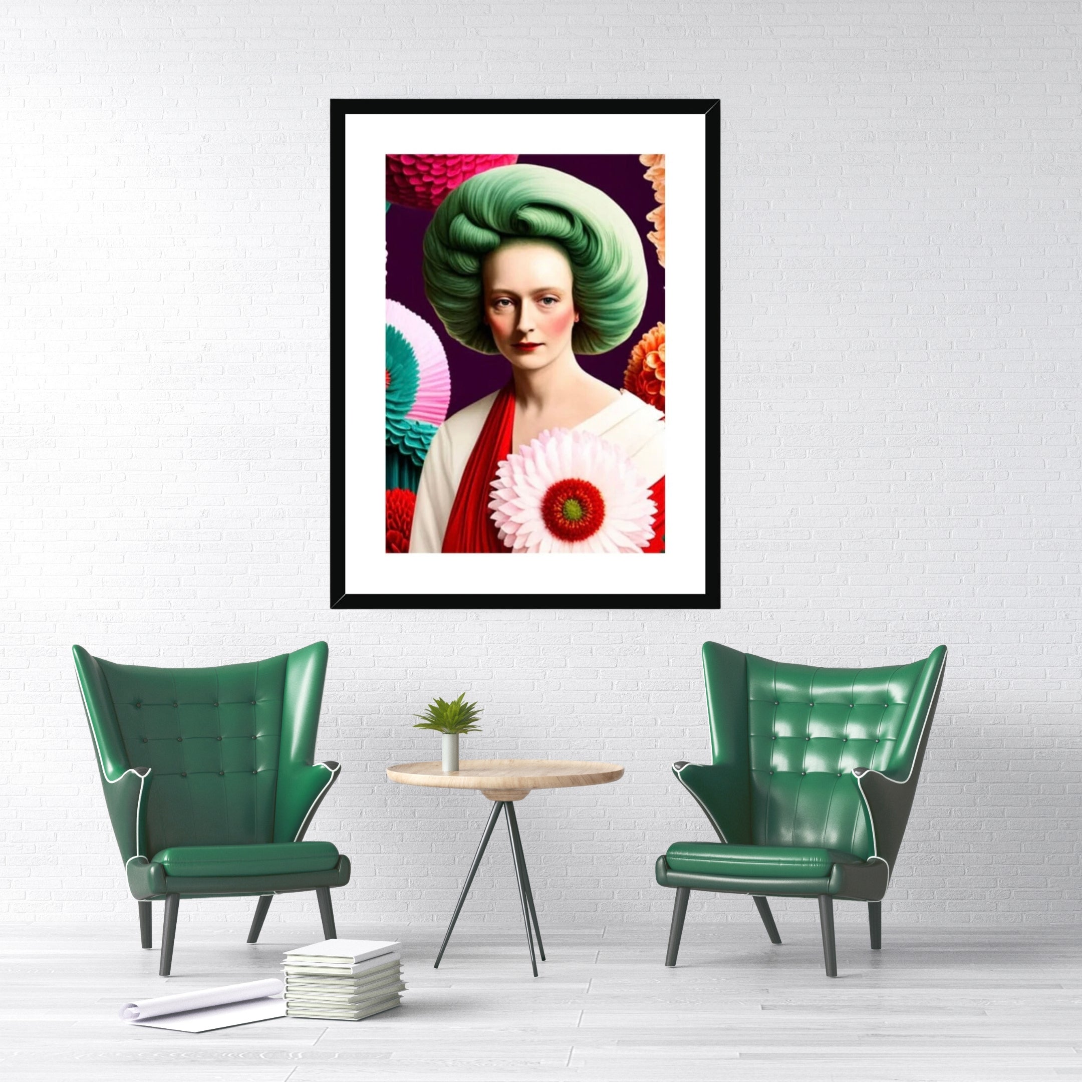 Lady with Green Hair maximalist framed print displayed above two green armchairs in a bright contemporary living room by Lizzie Onion's Emporium