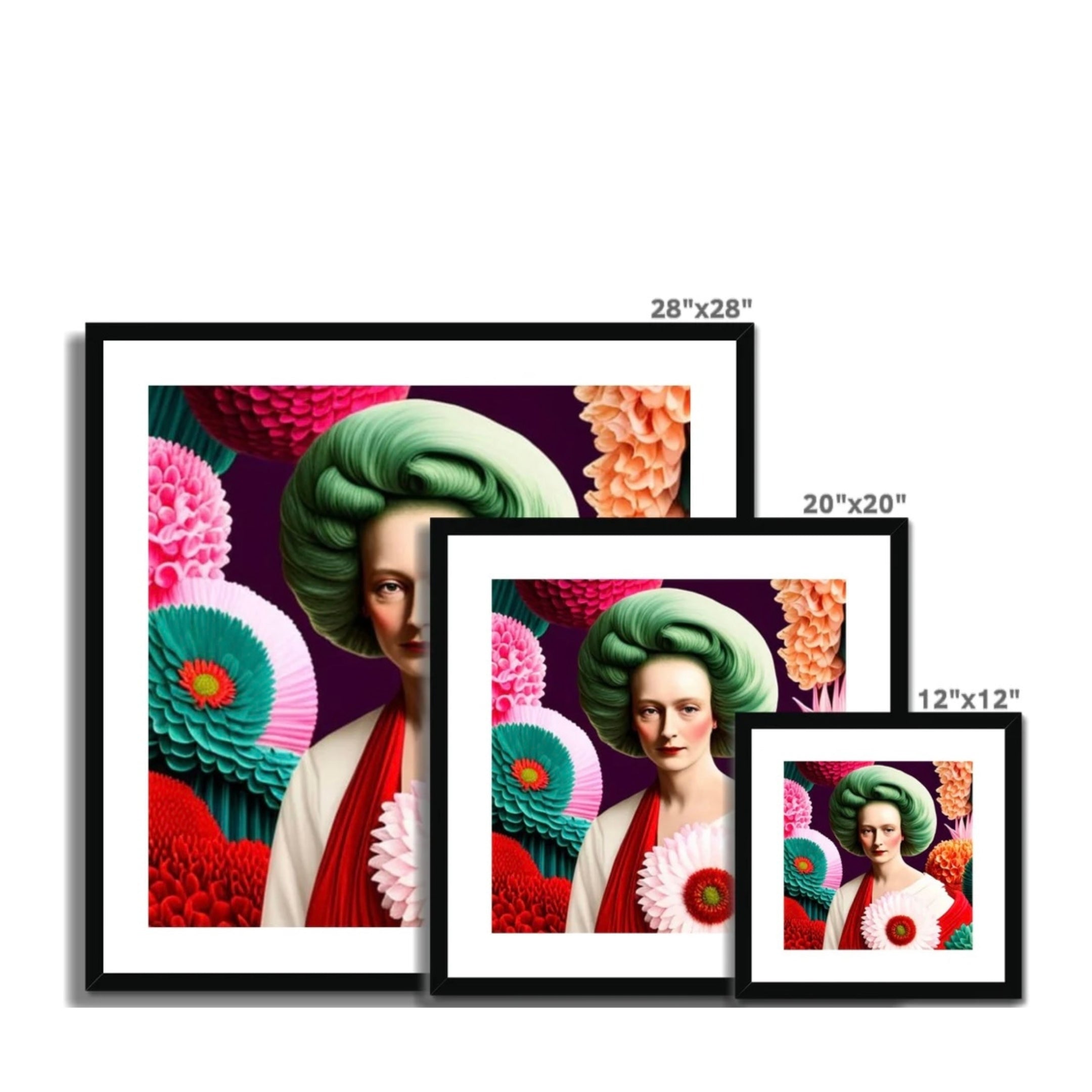 Lady with Green Hair maximalist framed print shown in multiple available sizes by Lizzie Onion's Emporium