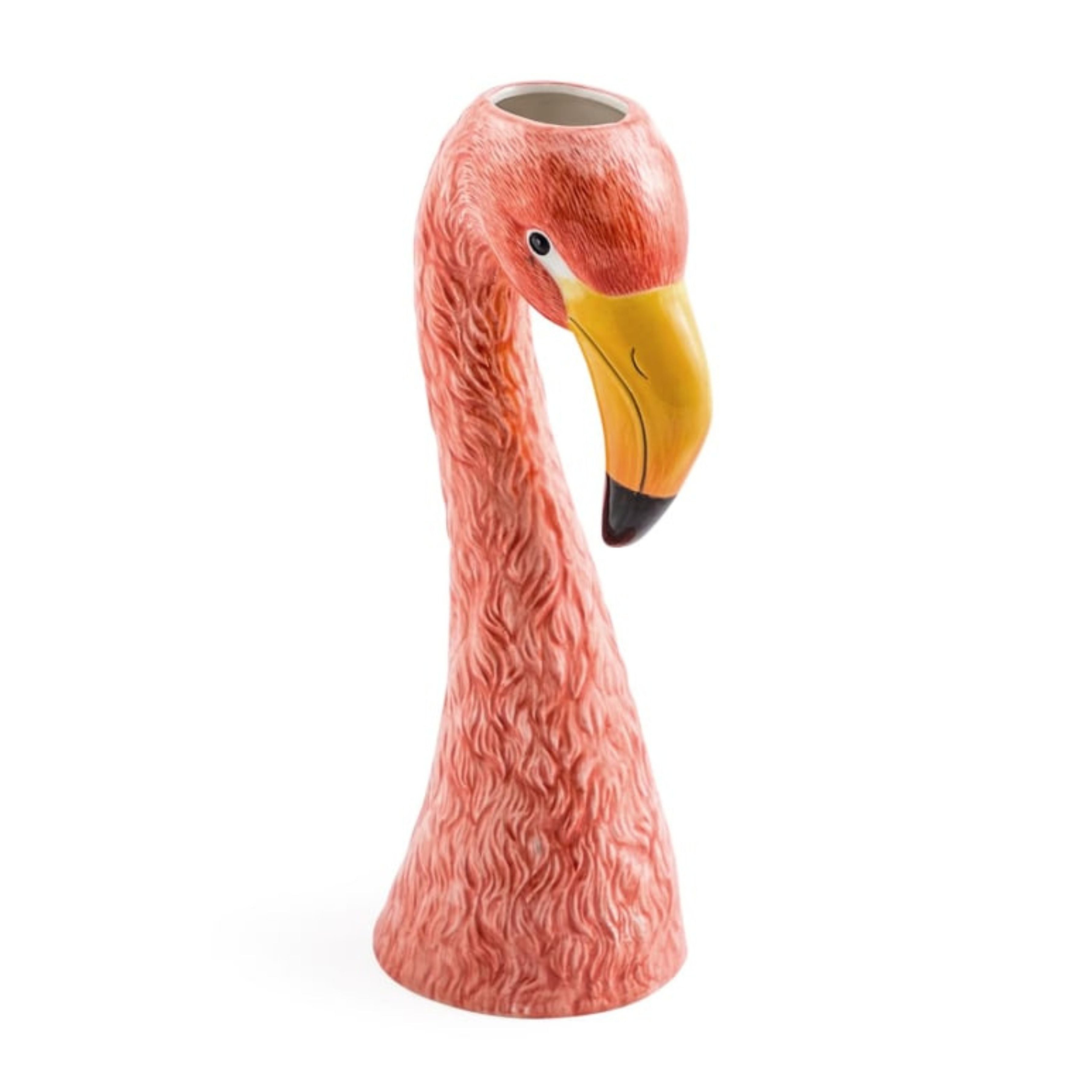 Large ceramic pink flamingo head vase shown at angle with textured feather detail on white background