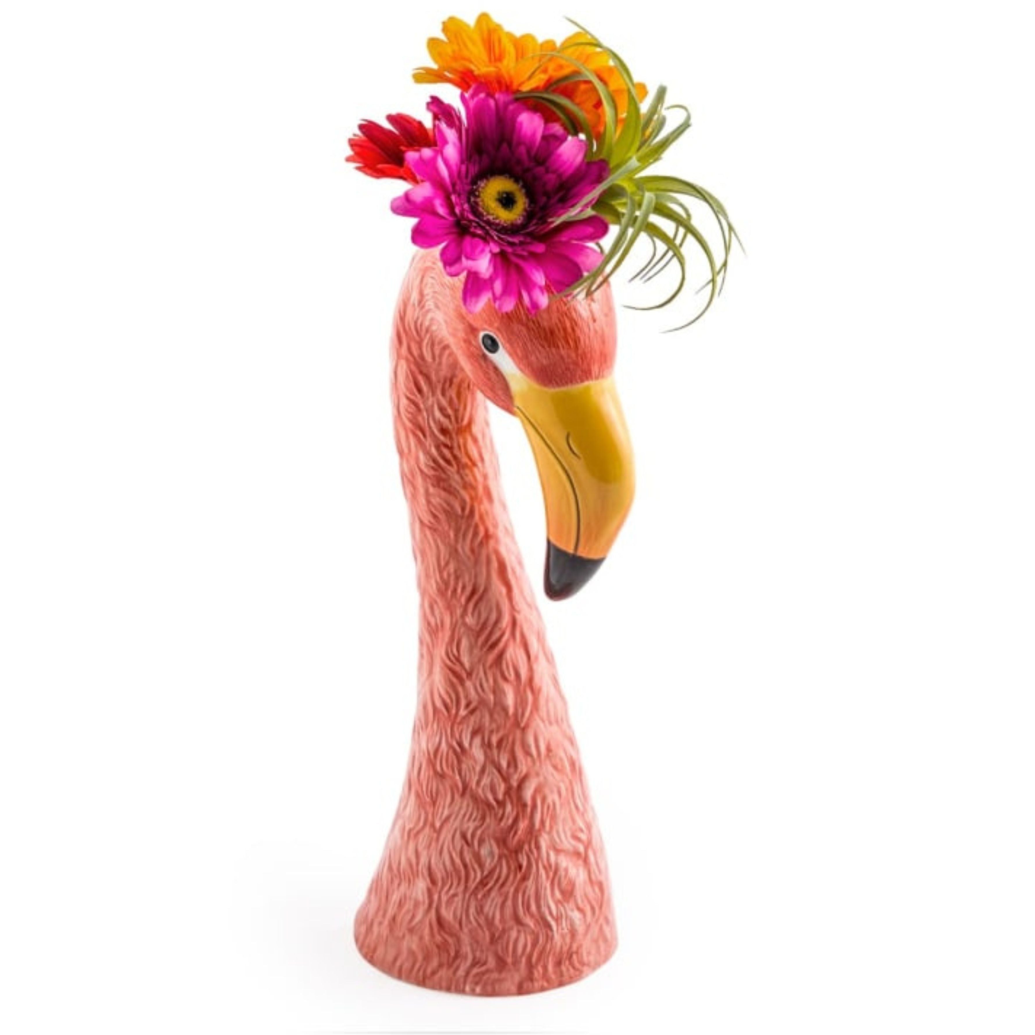 Large ceramic pink flamingo head vase styled with colourful flowers on white background