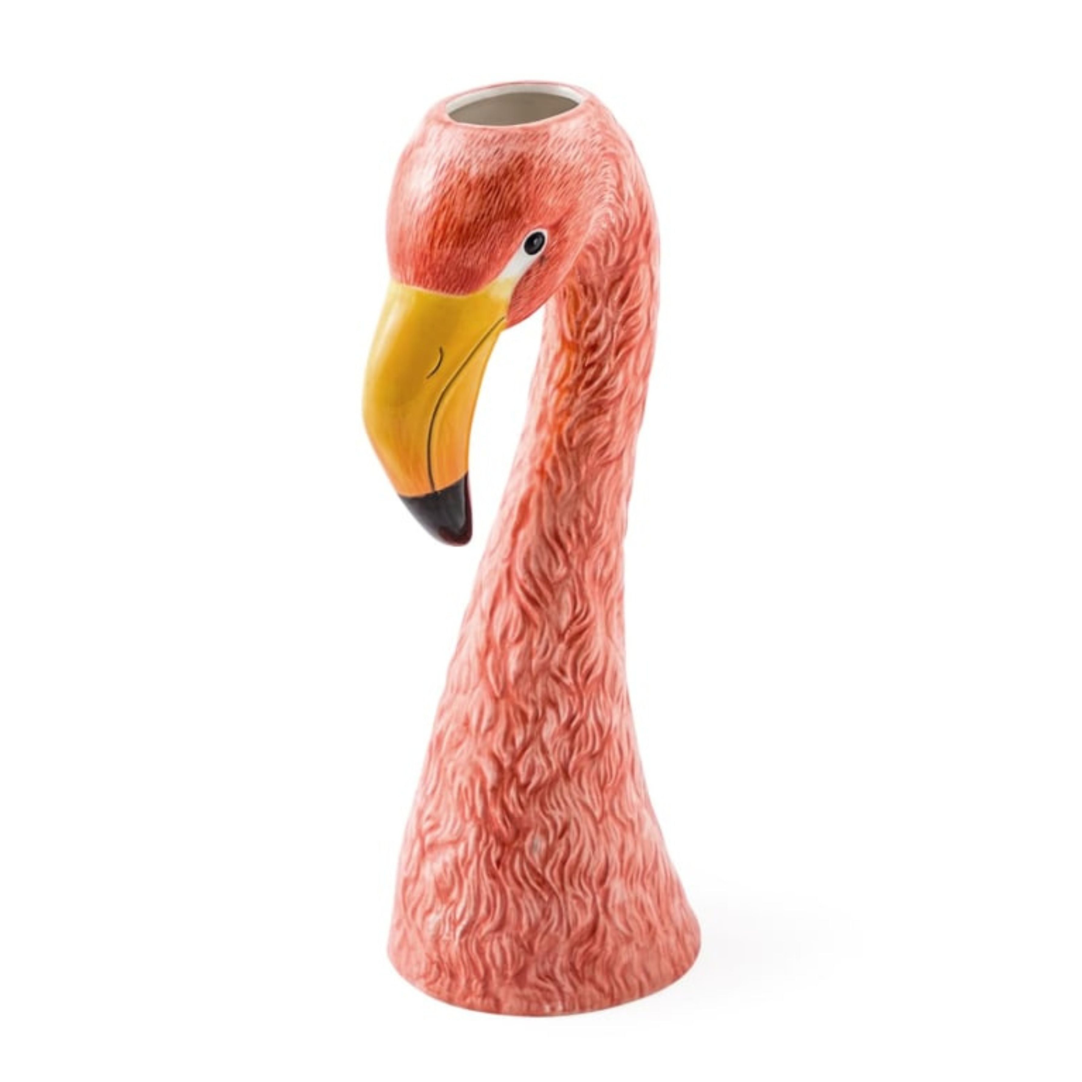 Large ceramic pink flamingo head vase with textured finish on white background