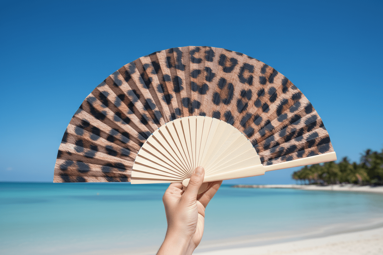 Leopard print folding hand fan held against a tropical beach backdrop with turquoise sea, white sand and clear blue sky.
