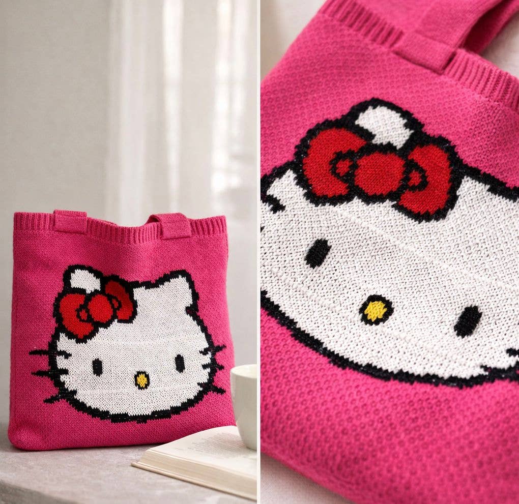 Lifestyle image of a pink knitted Hello Kitty tote bag displayed on a tabletop beside a coffee cup and open book, alongside a close-up showing the knitted texture and iconic Hello Kitty face with red bow.