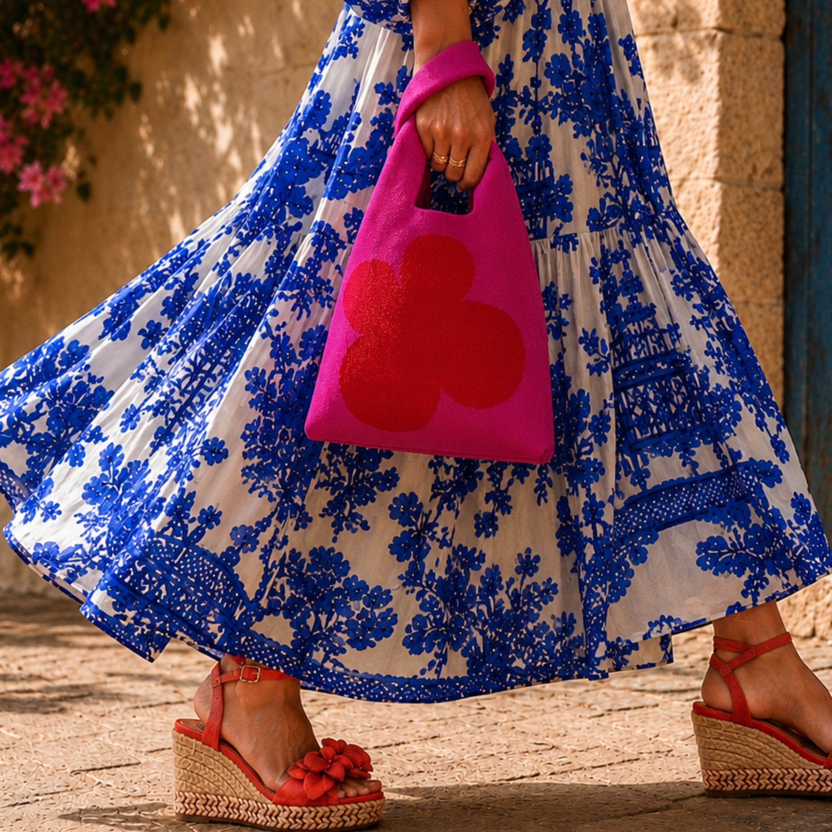 Lifestyle image of the Pop Petal Tote Bag in bright pink knitted fabric with an oversized red floral design, carried with a blue and white printed dress.