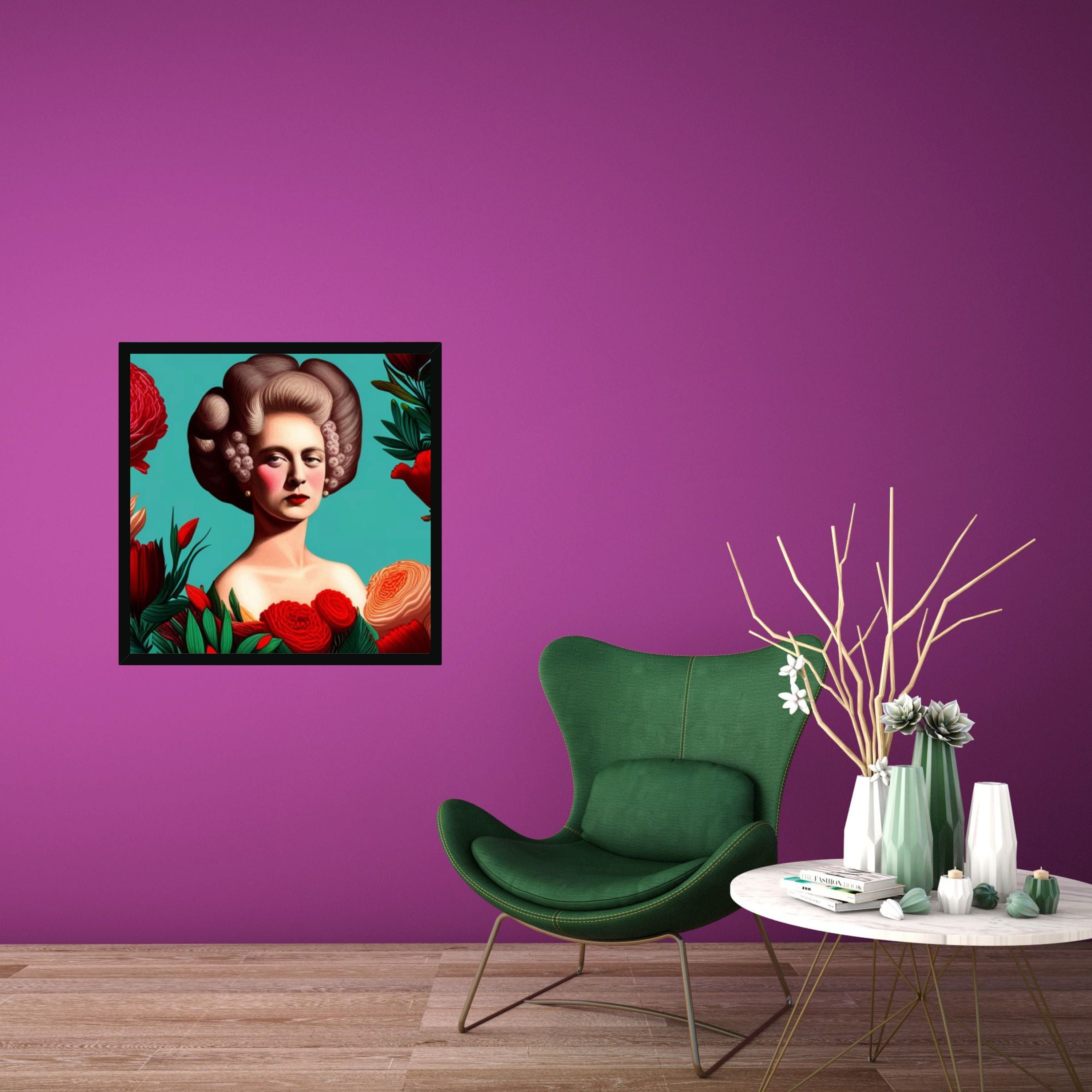 Lifestyle mockup showing Margot Was Really Not Amused – Framed Print displayed on a rich plum wall above a green accent chair, illustrating how the artwork adds bold colour and contemporary maximalist style to a living space.
