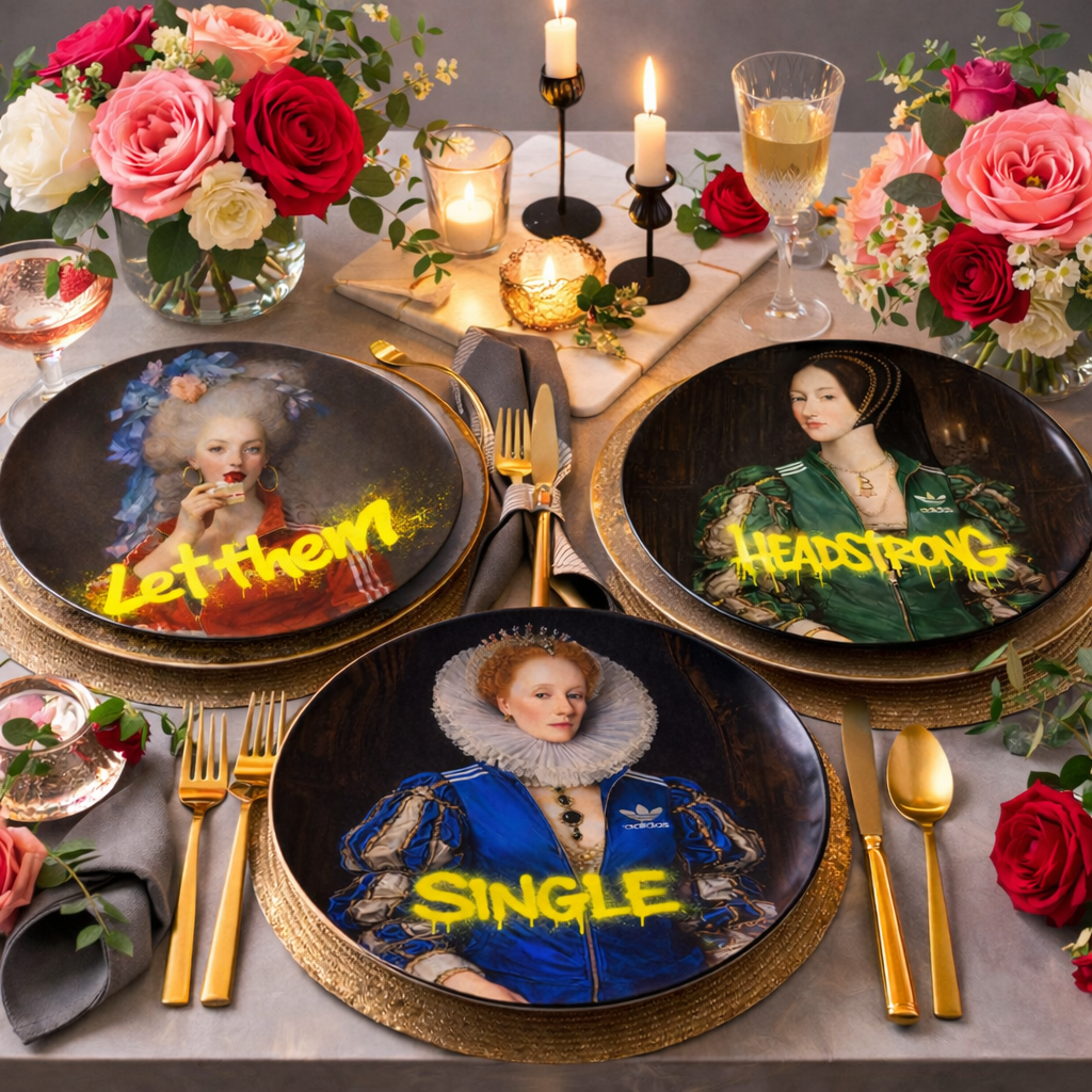 Luxury table styling featuring Marie Antoinette inspired decorative plates with bold slogan artwork, gold cutlery, candles and romantic floral arrangements