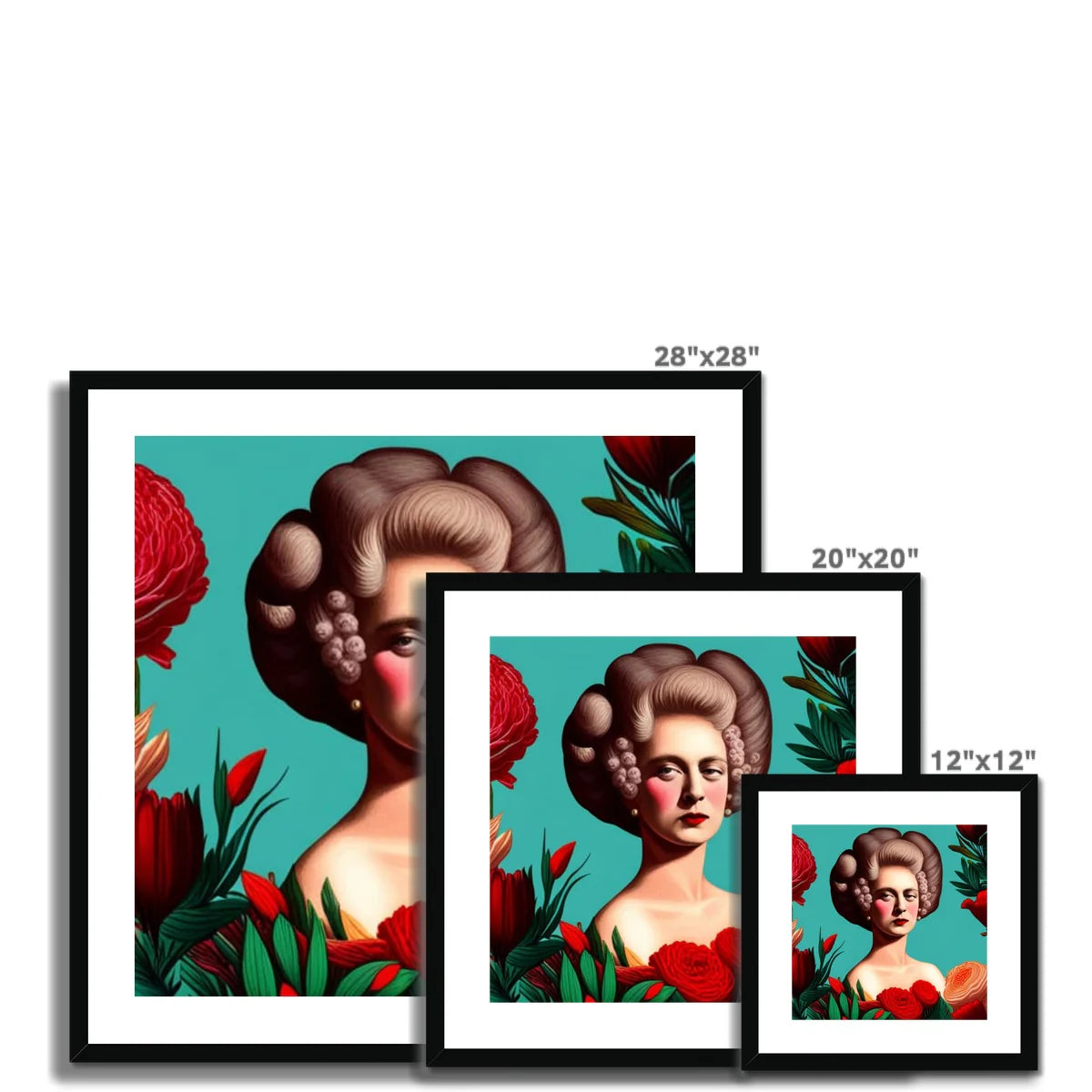 Margot Was Really Not Amused – Framed Print shown in multiple available sizes, including 30 × 30 cm, 50 × 50 cm and 70 × 70 cm, helping you visualise the bold Rococo-inspired portrait with vibrant red florals and a turquoise background in your home.