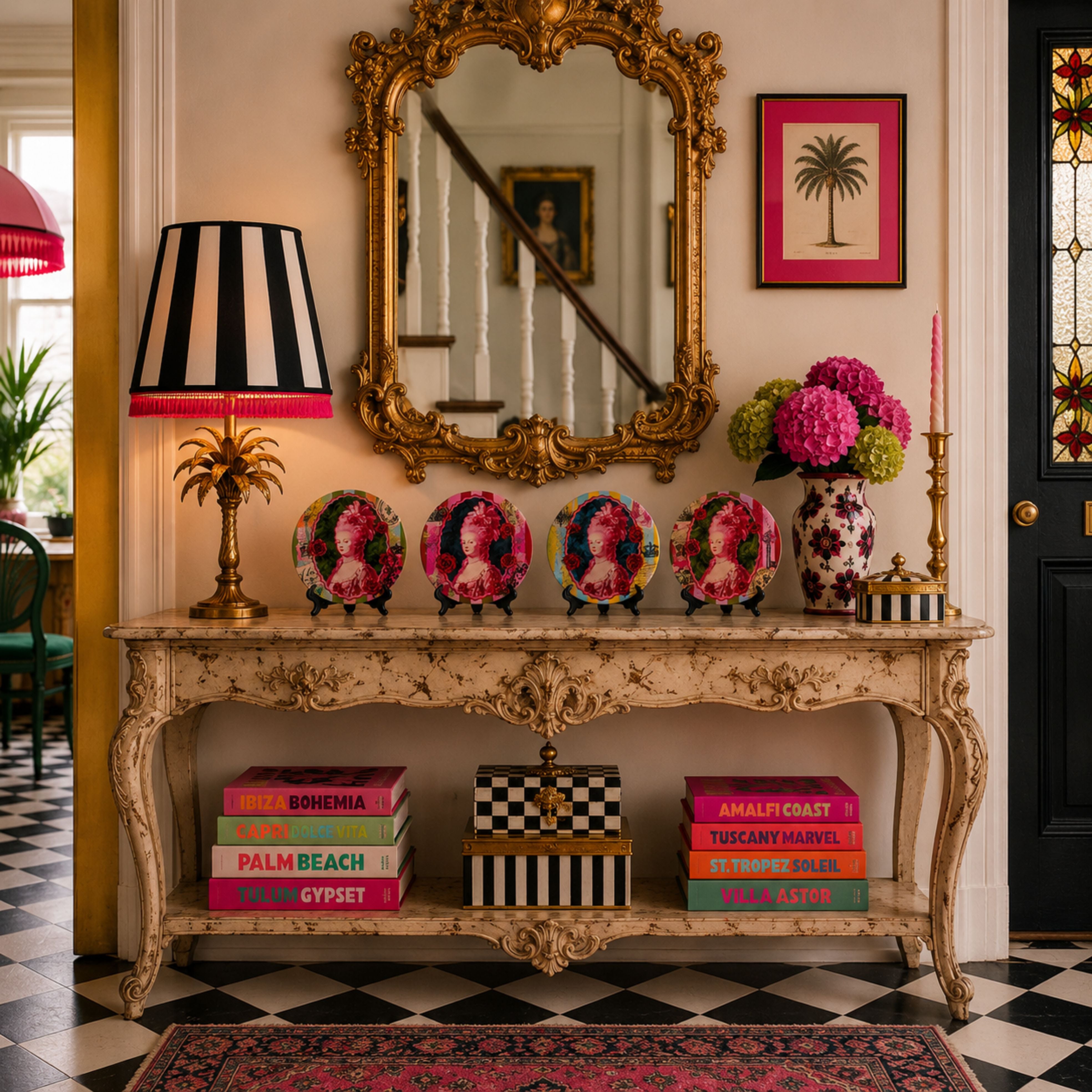 Marie Antoinette decorative plates displayed on black easel stands on a vintage console table with ornate gilt mirror in a maximalist pink interior