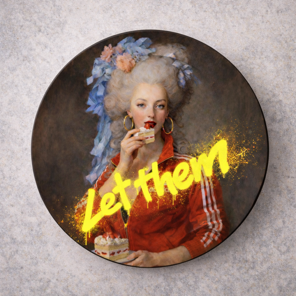Marie Antoinette inspired decorative plate featuring contemporary “Let Them” slogan artwork with vintage portrait styling and streetwear details