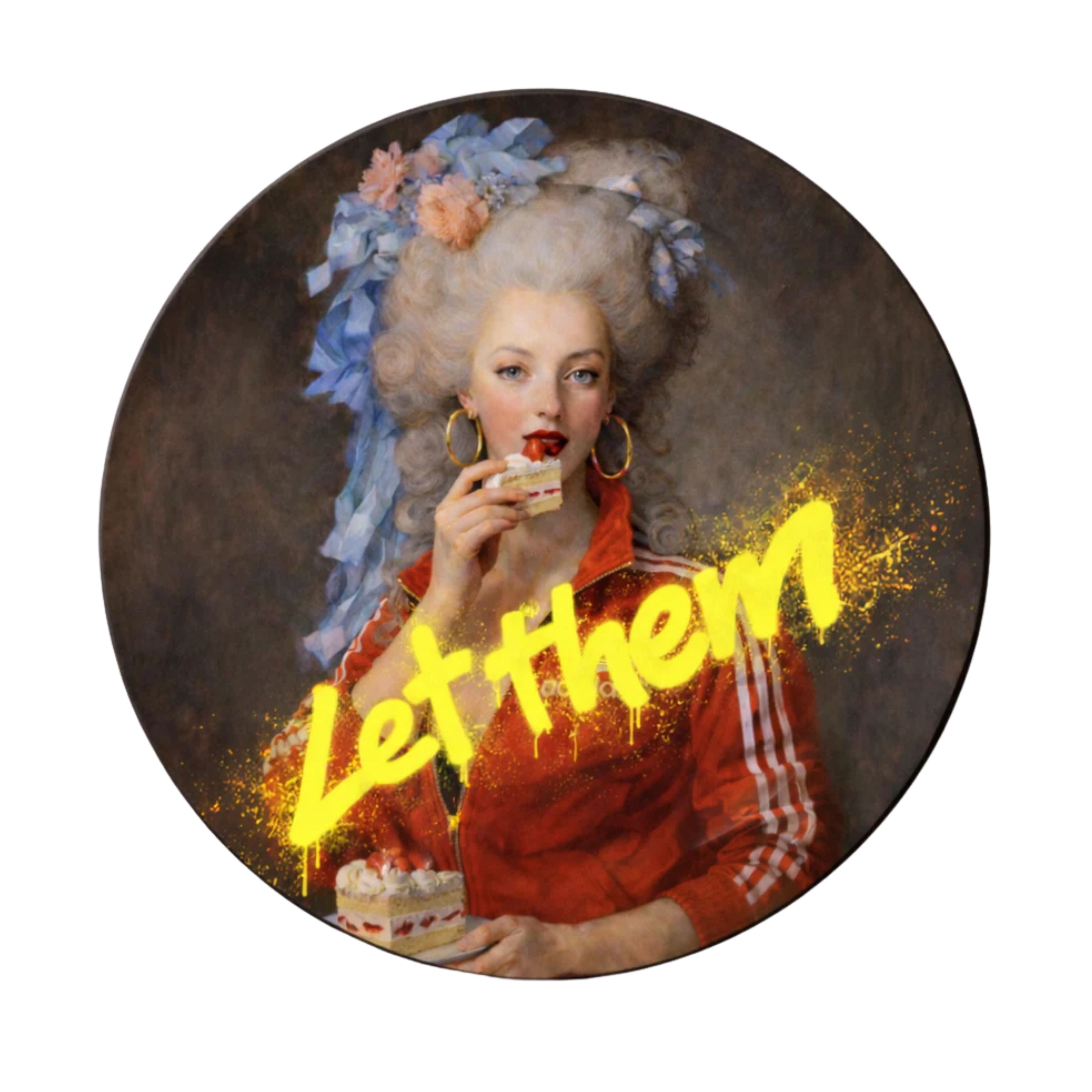 Marie Antoinette inspired decorative plate with contemporary slogan artwork and vintage portrait styling