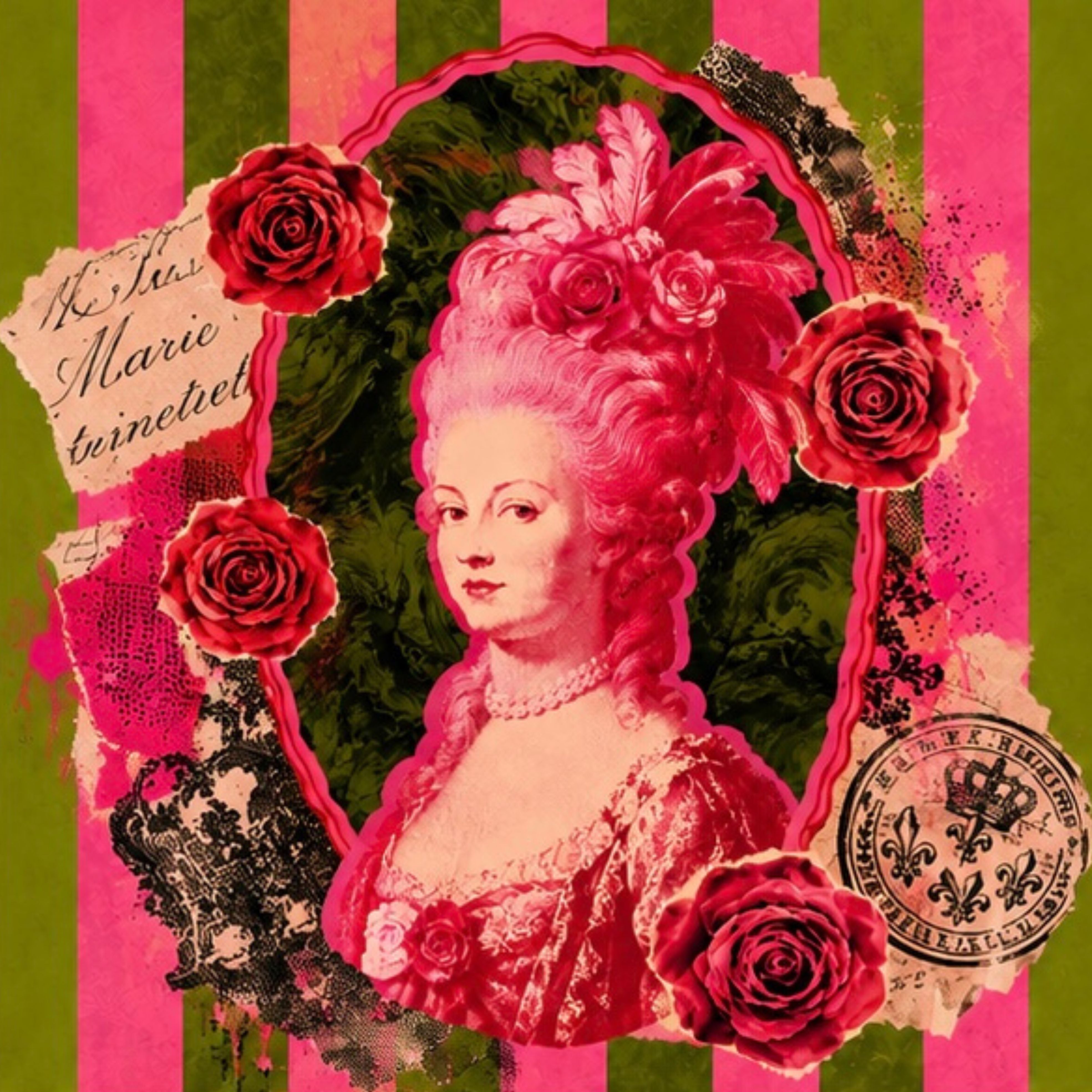 Marie Antoinette pop art artwork with pink portrait roses vintage typography and green striped maximalist collage background