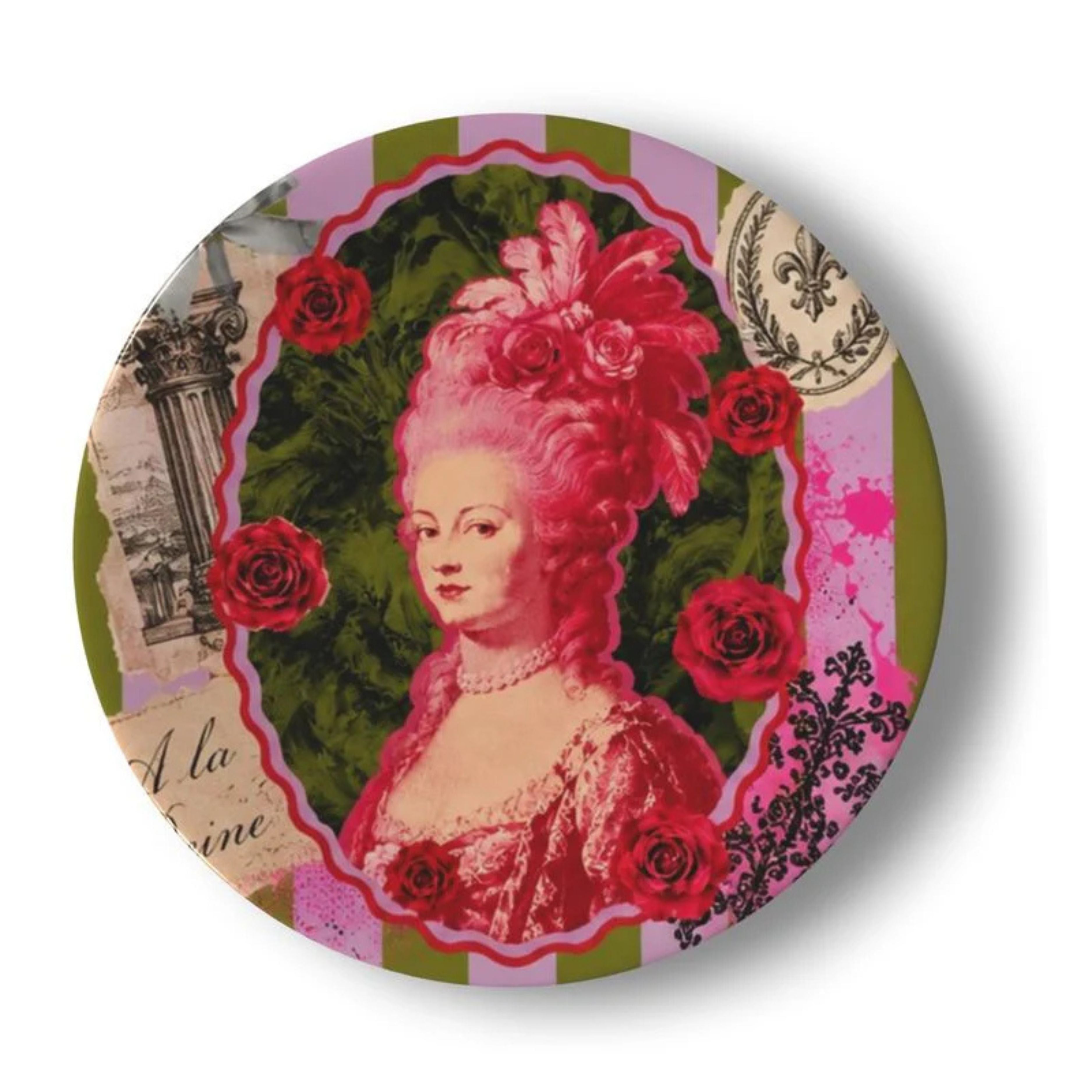 Marie Antoinette pop art decorative plate with pink portrait red roses vintage collage details and green striped background