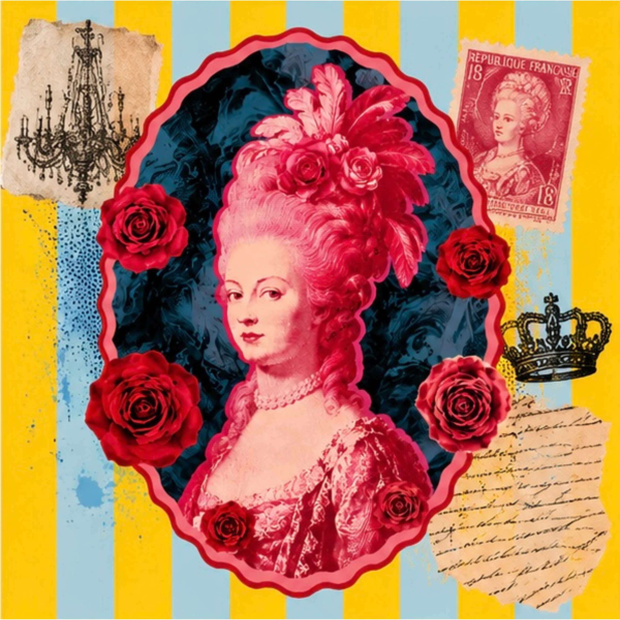 Marie Antoinette pop art decorative plate with pink portrait roses crown vintage chandelier and colourful striped collage background