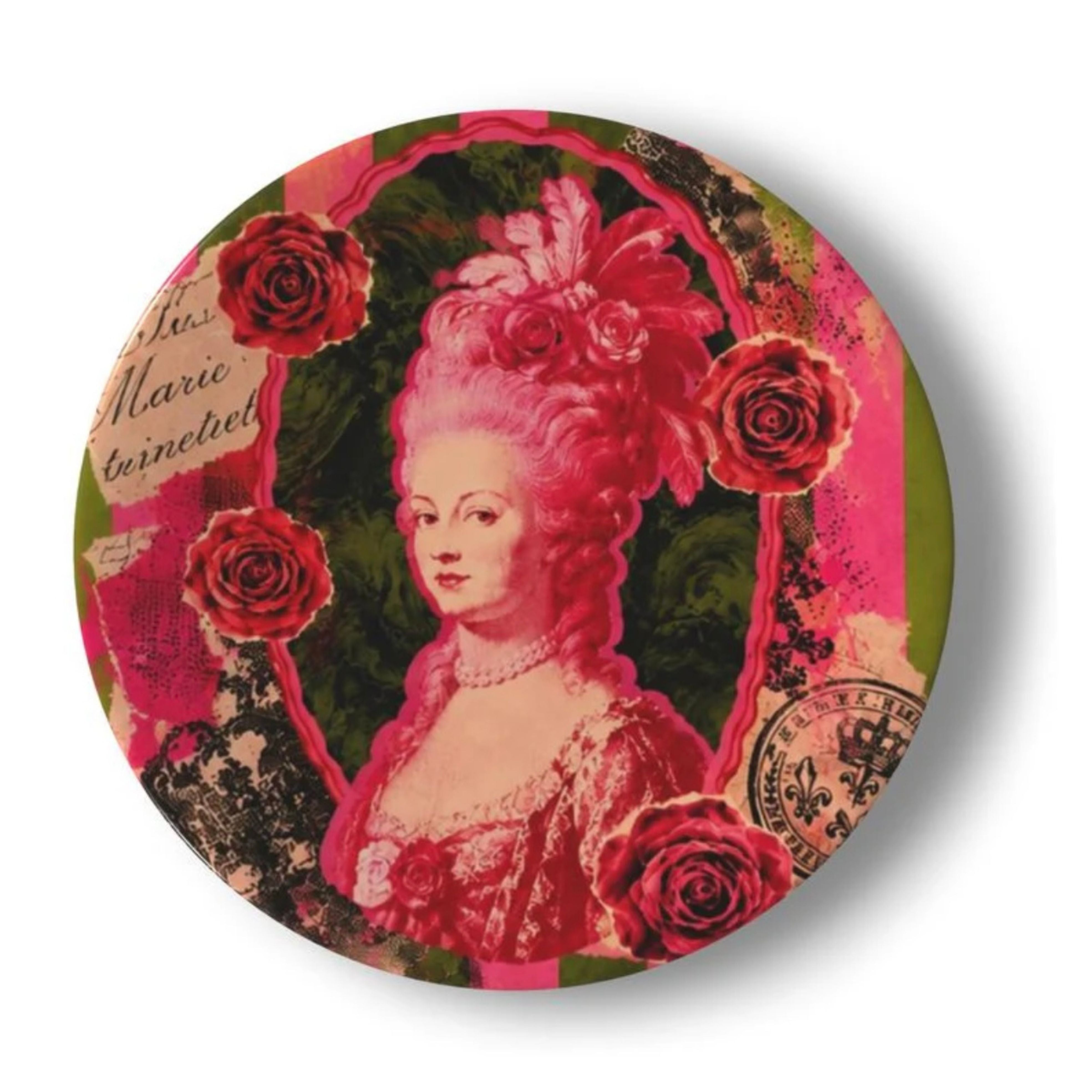 Marie Antoinette pop art decorative plate with pink portrait roses vintage typography and layered collage background