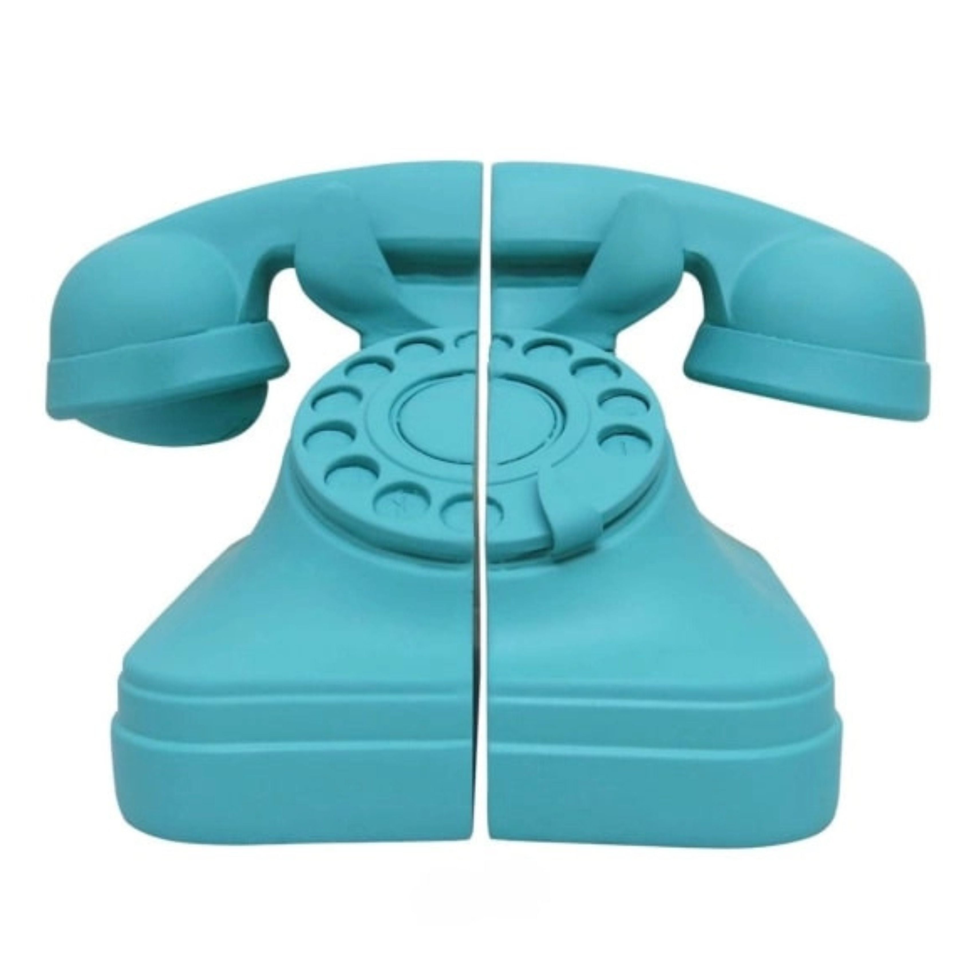 Matt aqua blue retro telephone bookends split rotary phone design on white background