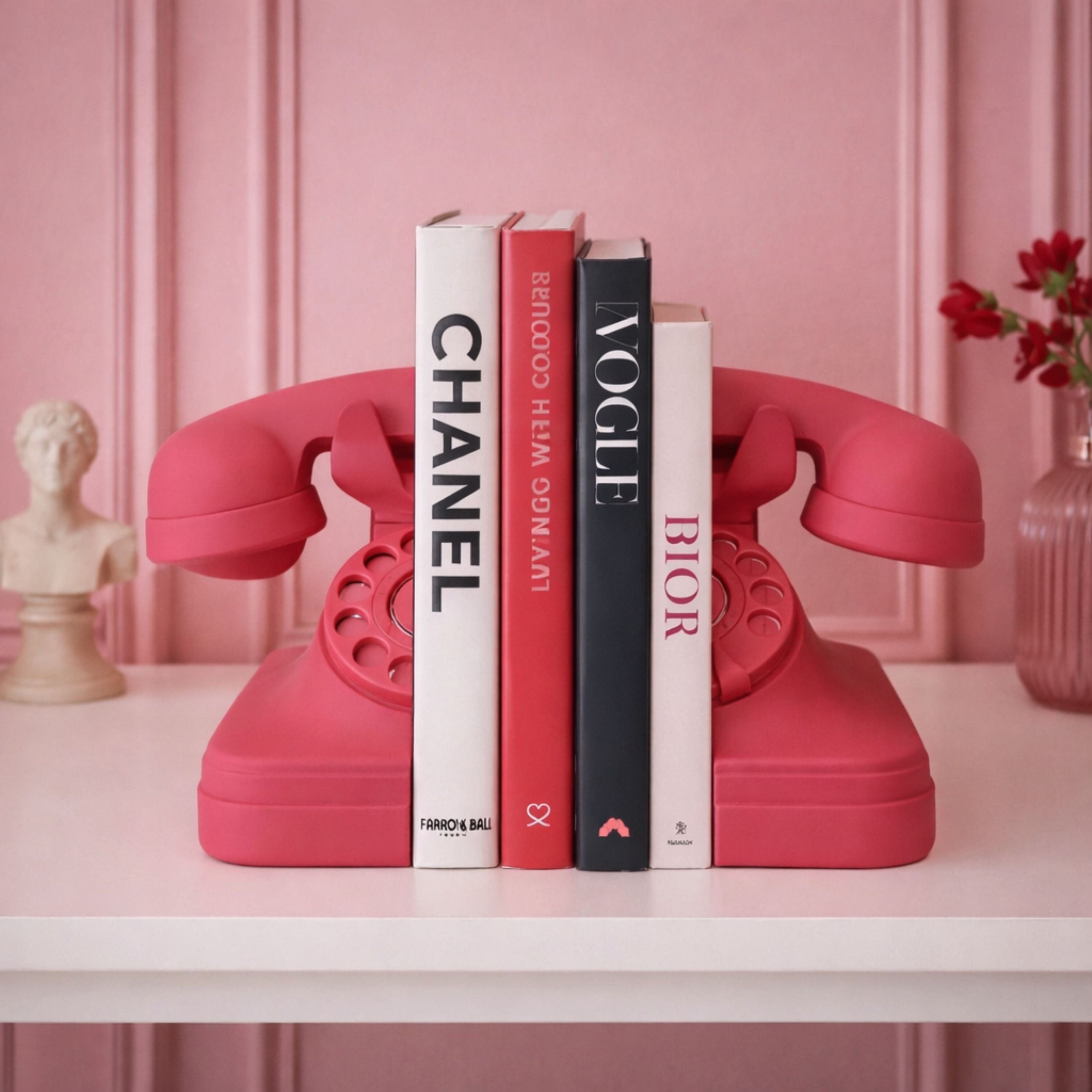 Matt pink red retro telephone bookends holding fashion books on shelf with pink wall background