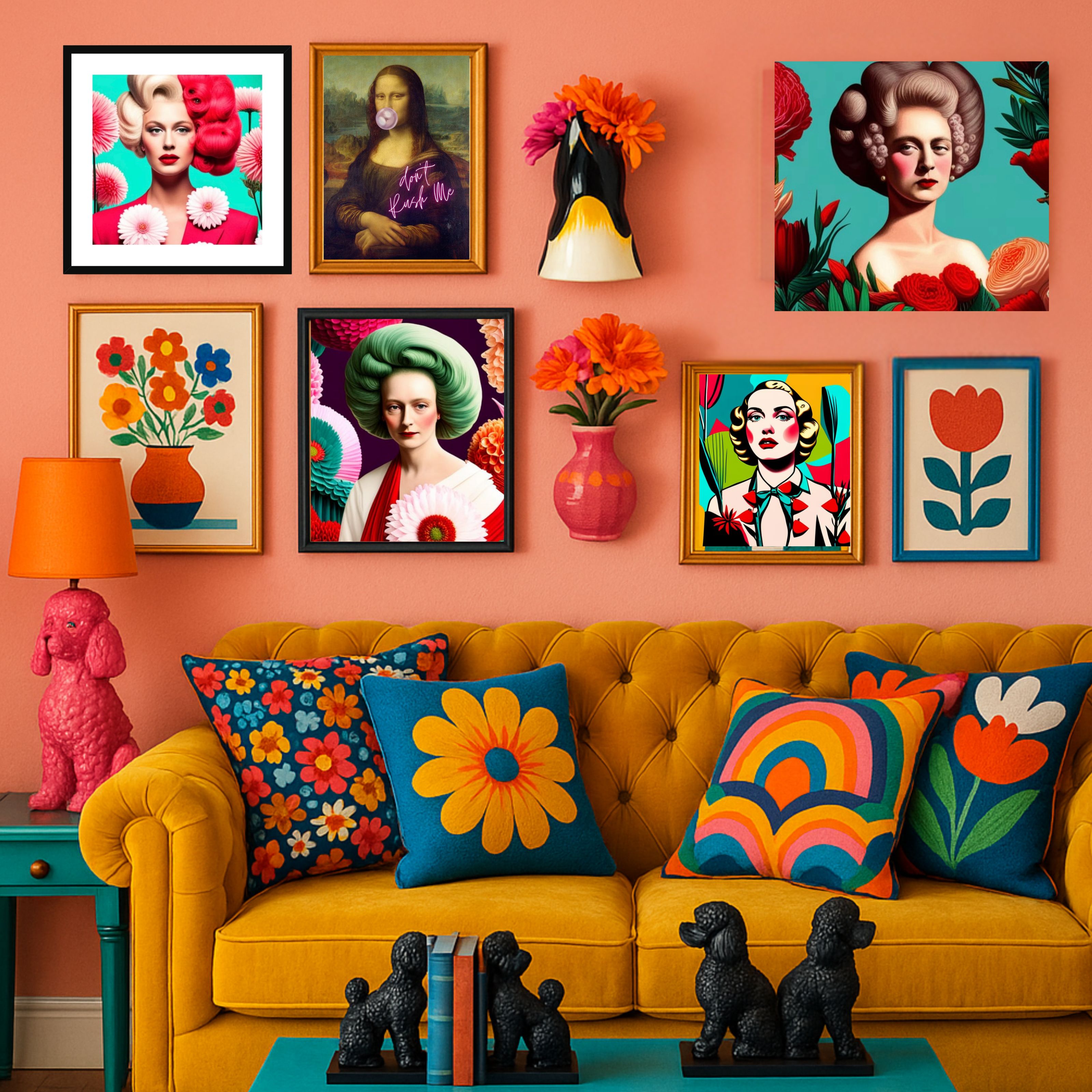 Maximalist living room with coral wall, bold art gallery, yellow velvet sofa, colourful cushions, and a ceramic penguin wall vase filled with flowers.