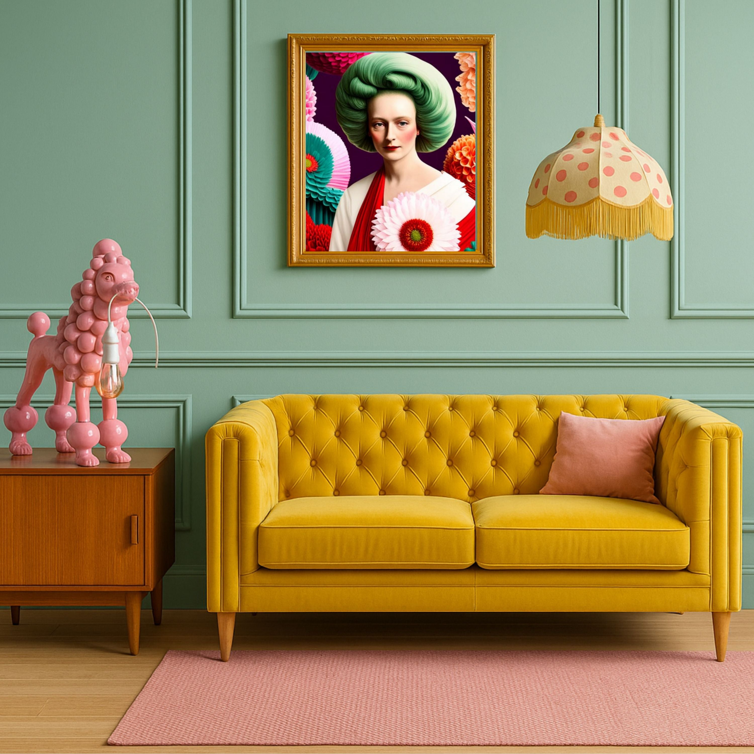 Maximalist living room with green panelled walls, yellow tufted sofa, pink poodle lamp on a wooden side table, pink rug, quirky wall art and patterned lampshade.