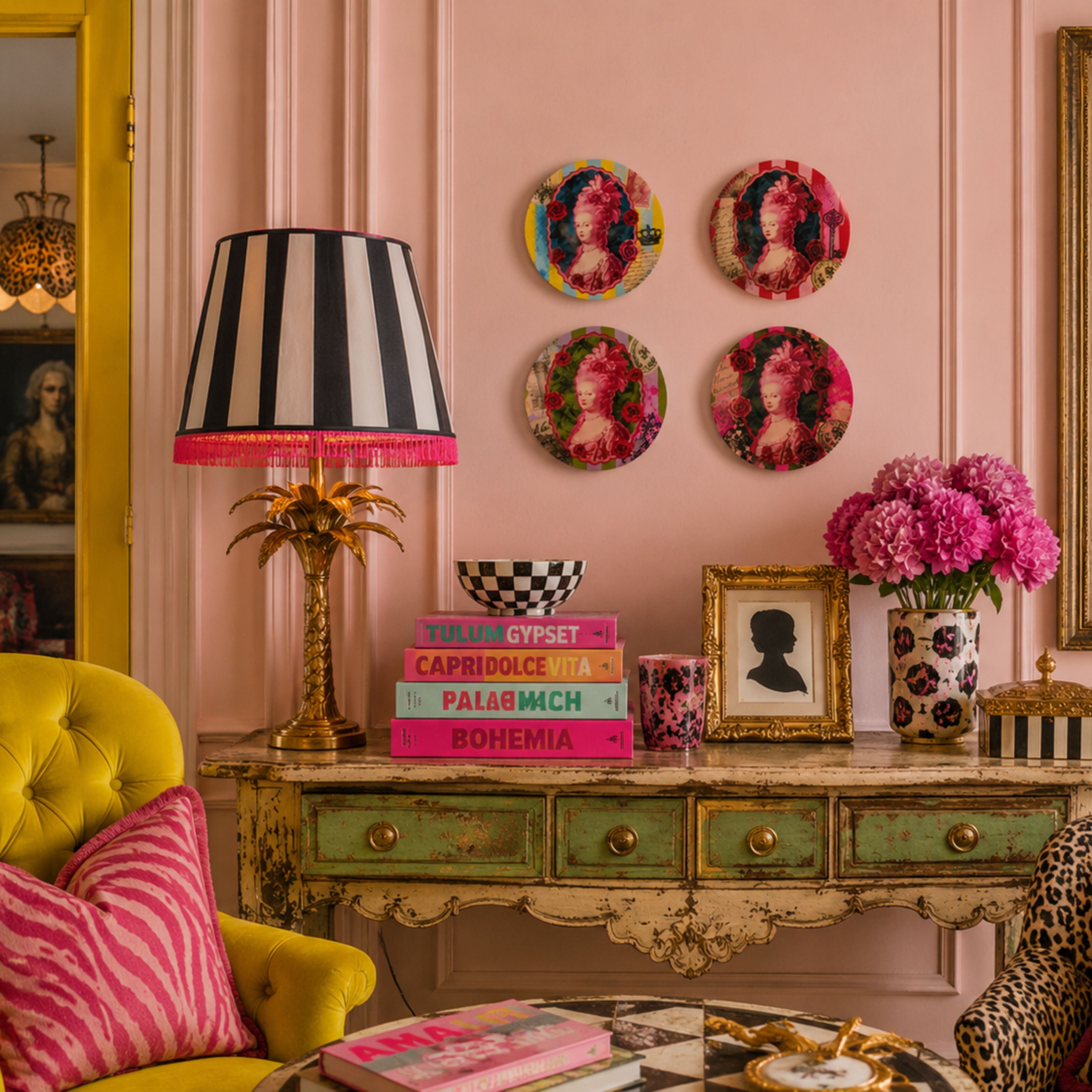 Maximalist pink interior with Marie Antoinette decorative wall plates acid yellow velvet chair vintage console table and colourful boutique styling