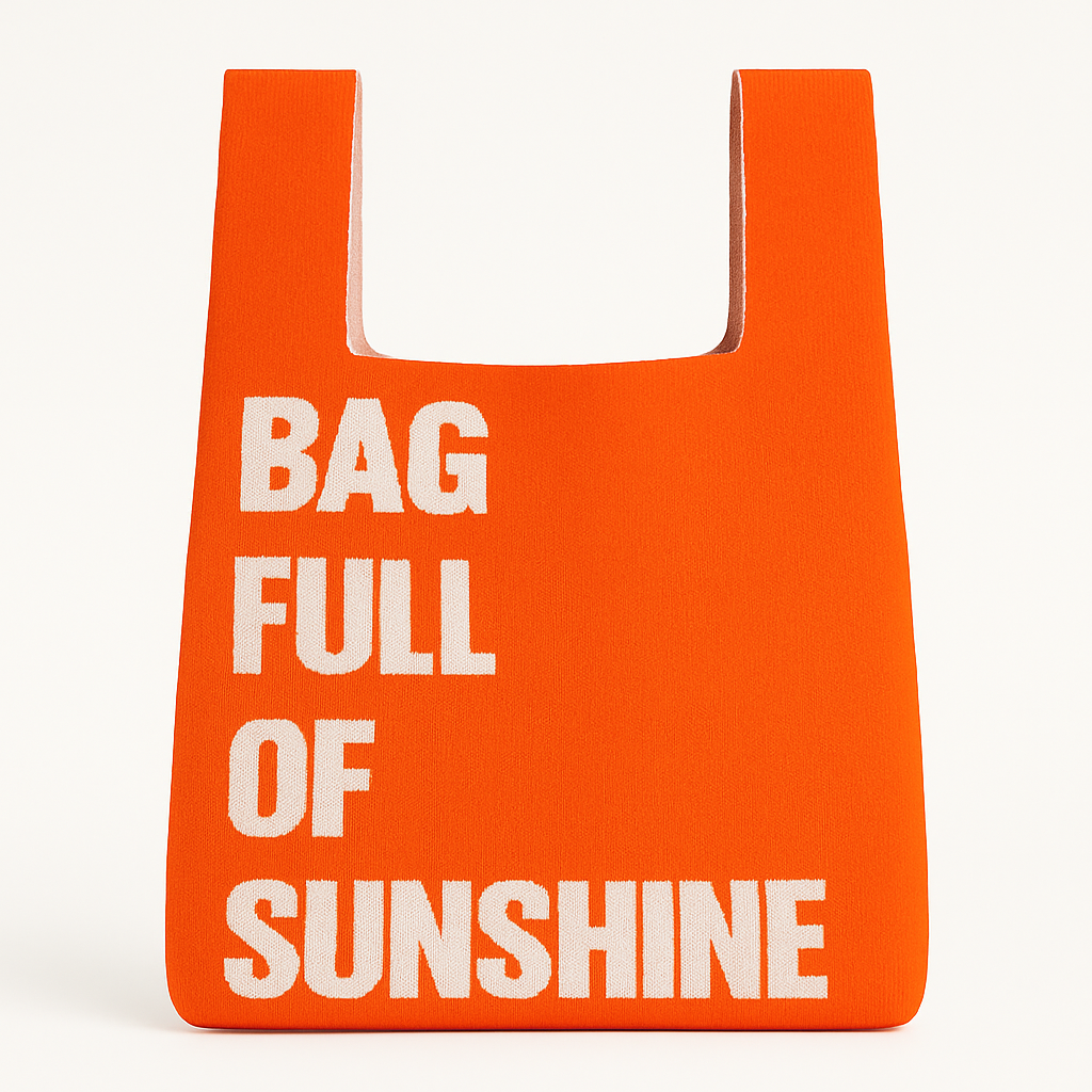 Orange knitted statement bag featuring bold white "Bag Full of Sunshine" typography. Reusable lightweight tote with integrated handles on a white background, designed by TOKEII KNIT STUDIO and available at Lizzie Onion's Emporium.