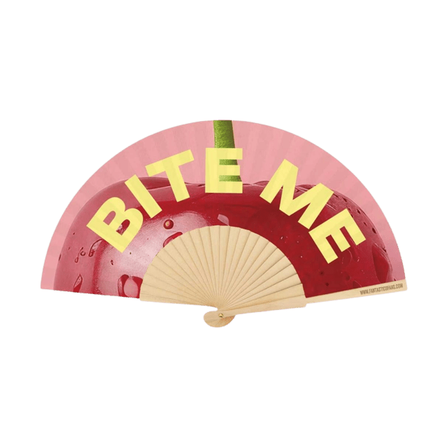 Pink folding hand fan featuring a cherry design and bold 'BITE ME' slogan with a natural wooden frame.