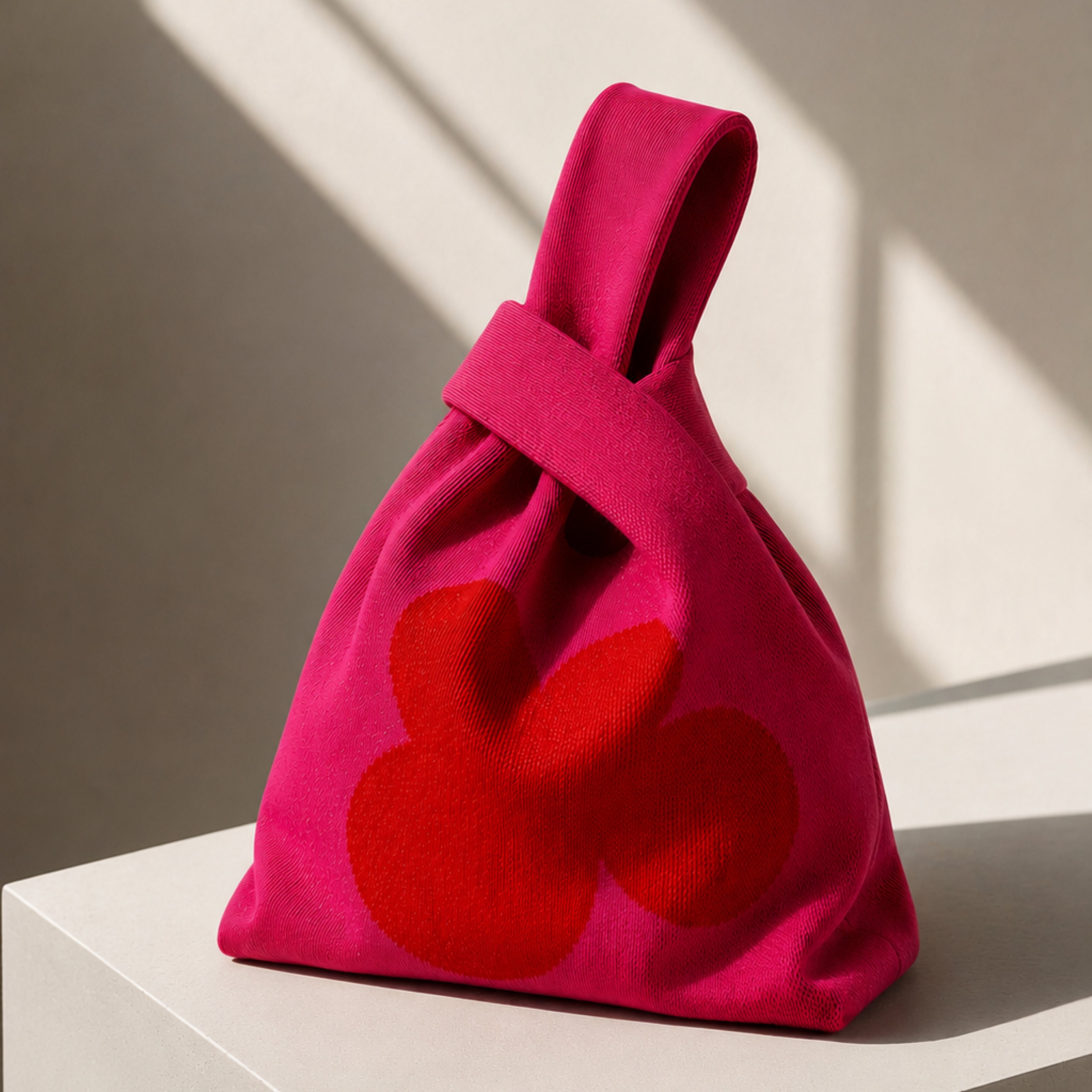 Pink knitted tote bag with oversized red abstract flower design, photographed in soft natural light on a white plinth. Statement designer tote bag by Lizzie Onion's Emporium.