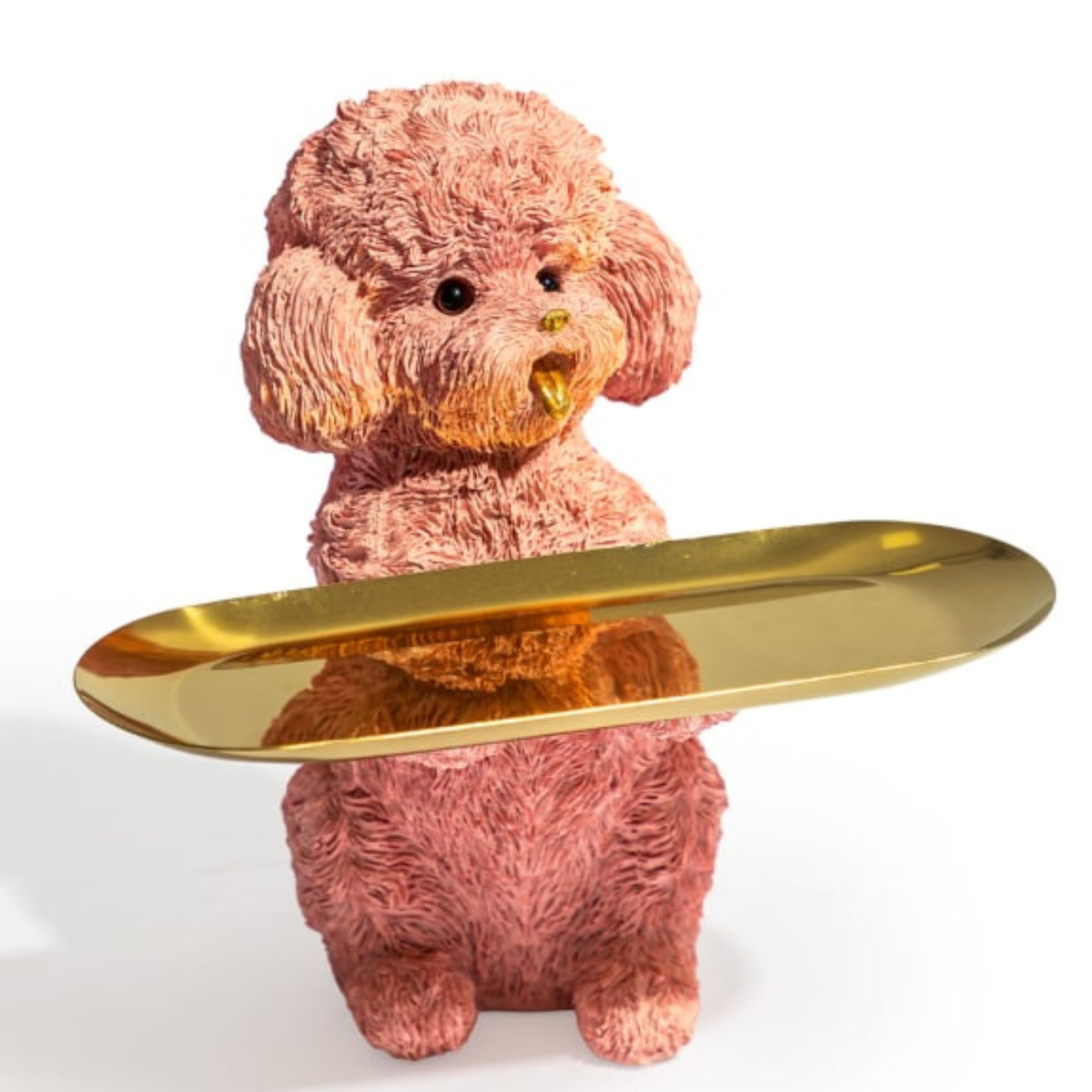 Pink poodle dog tray ornament holding a gold metal tray – whimsical and decorative display piece
