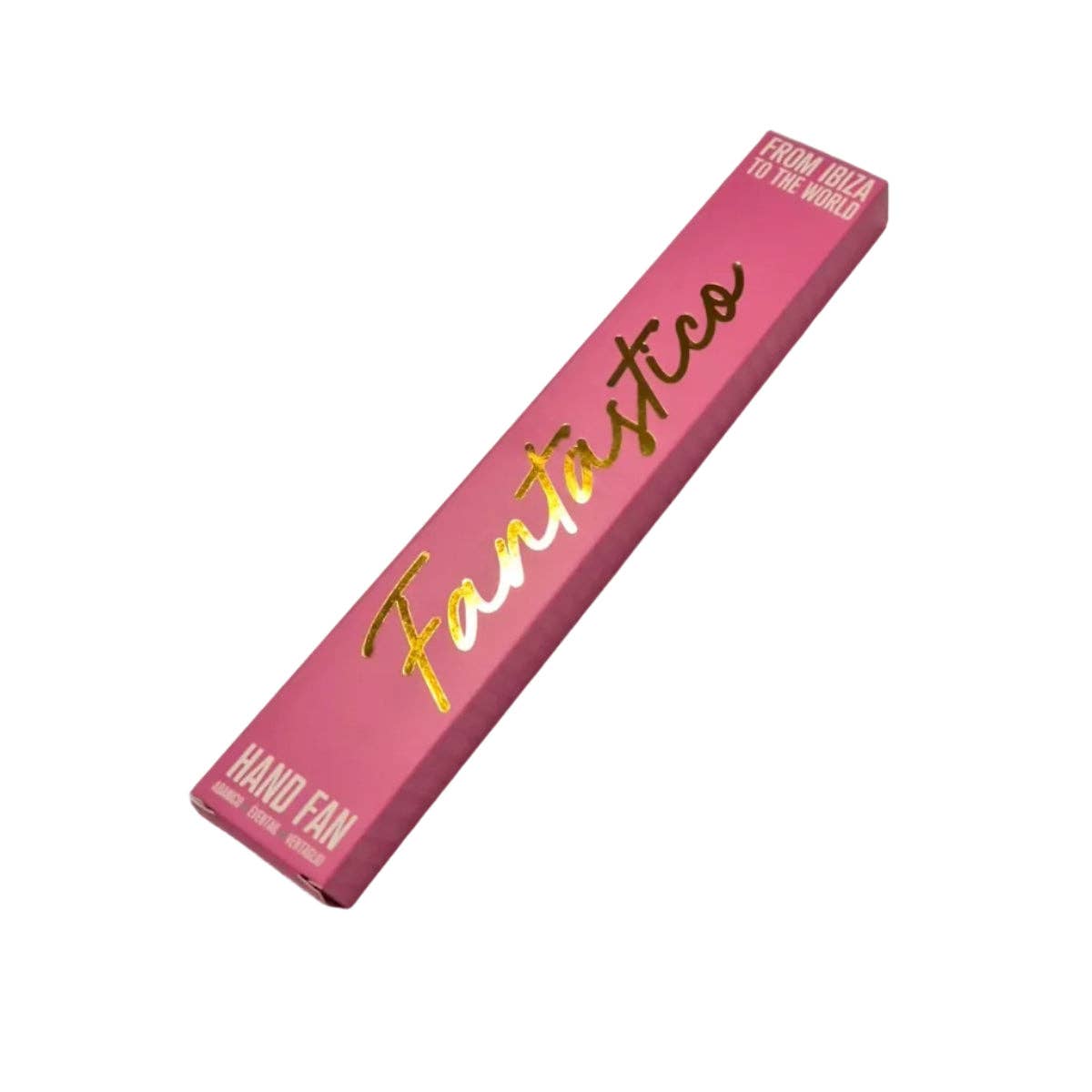 Pink presentation box for leopard print folding hand fan with gold branding on a white background.