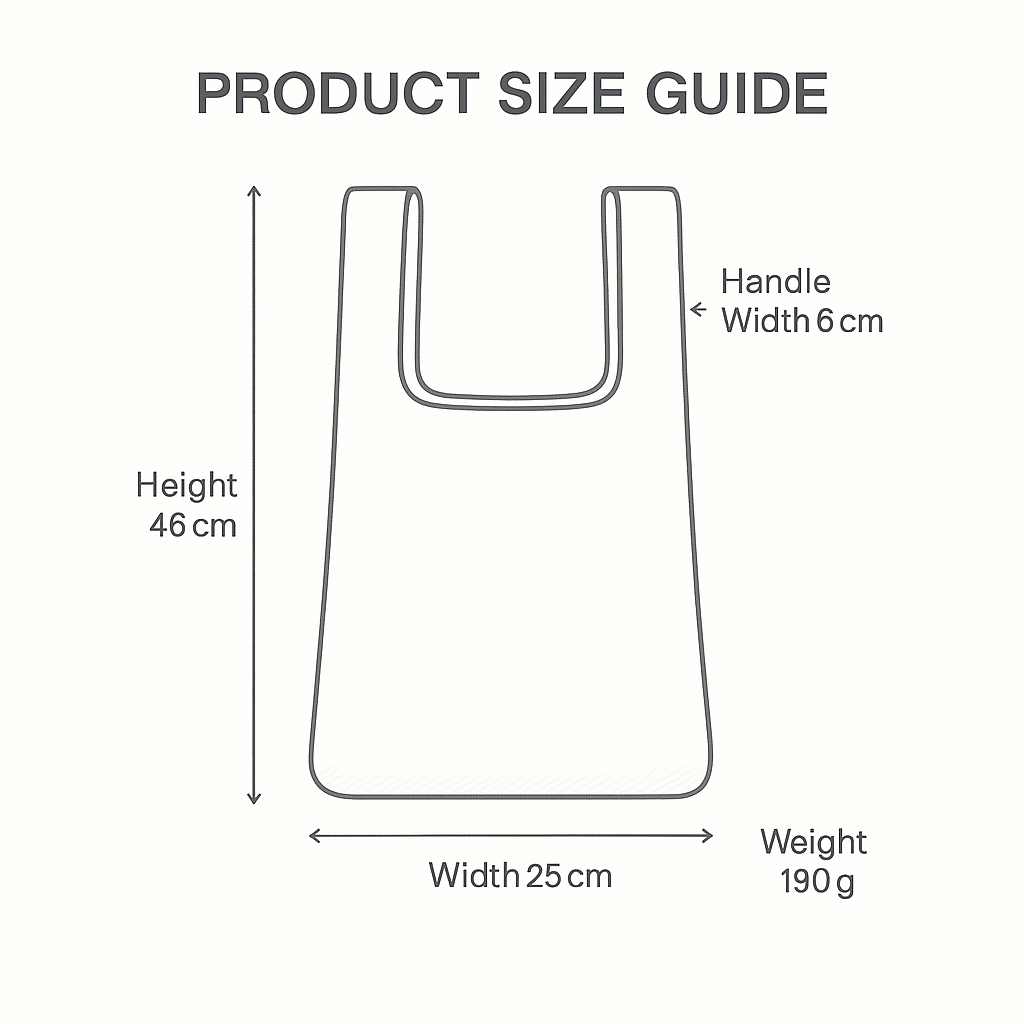 Product size guide for the knitted statement bag showing dimensions of 46 cm height, 25 cm width, 6 cm handle width and a weight of 190 g.