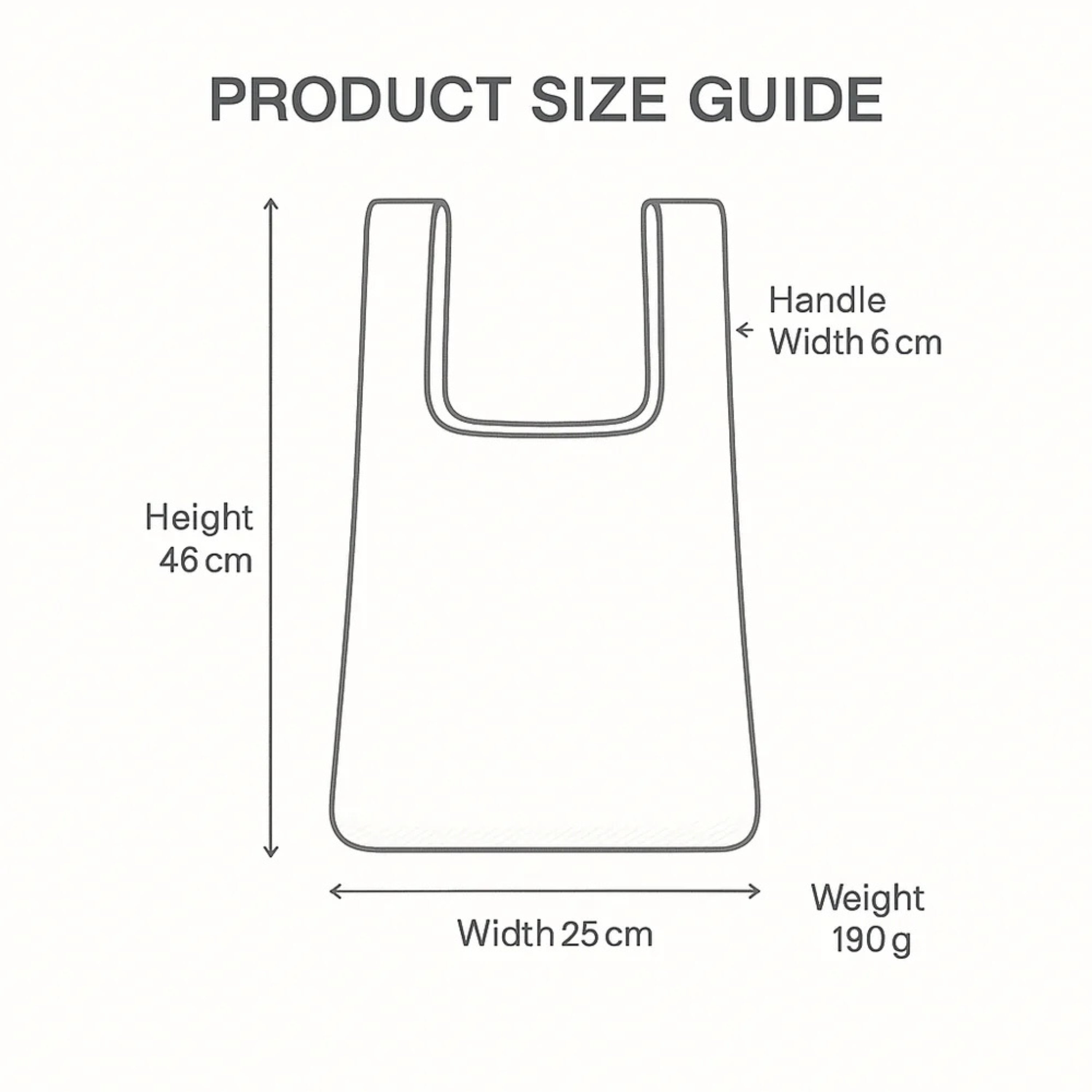 Product size guide for the knitted tote bag showing overall dimensions of 46 cm height, 25 cm width, 6 cm handle width and a lightweight 190 g construction. Simple line illustration clearly displaying the bag's proportions and measurements for easy size reference.