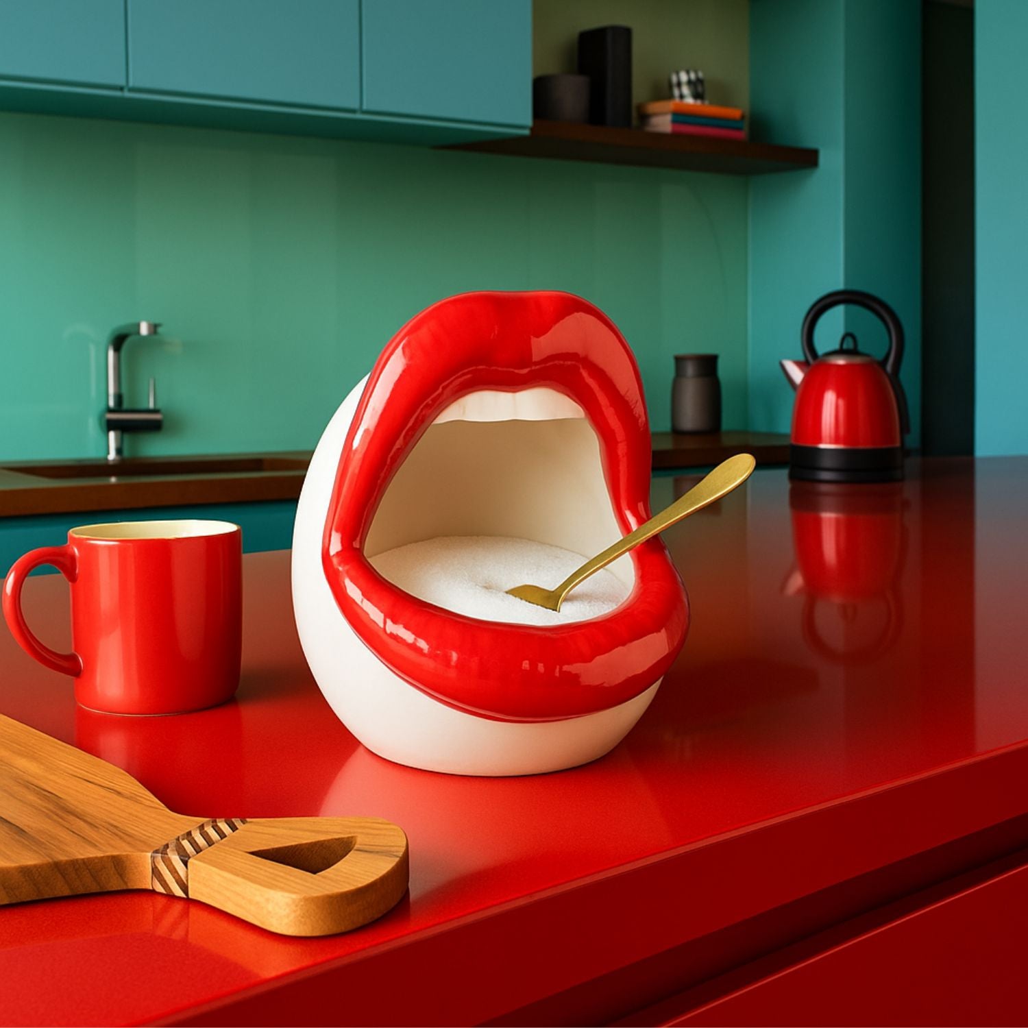 Red lip-shaped ceramic pot styled on a glossy red kitchen counter with mug and spoon – bold home décor by Lizzie Onion’s Emporium
