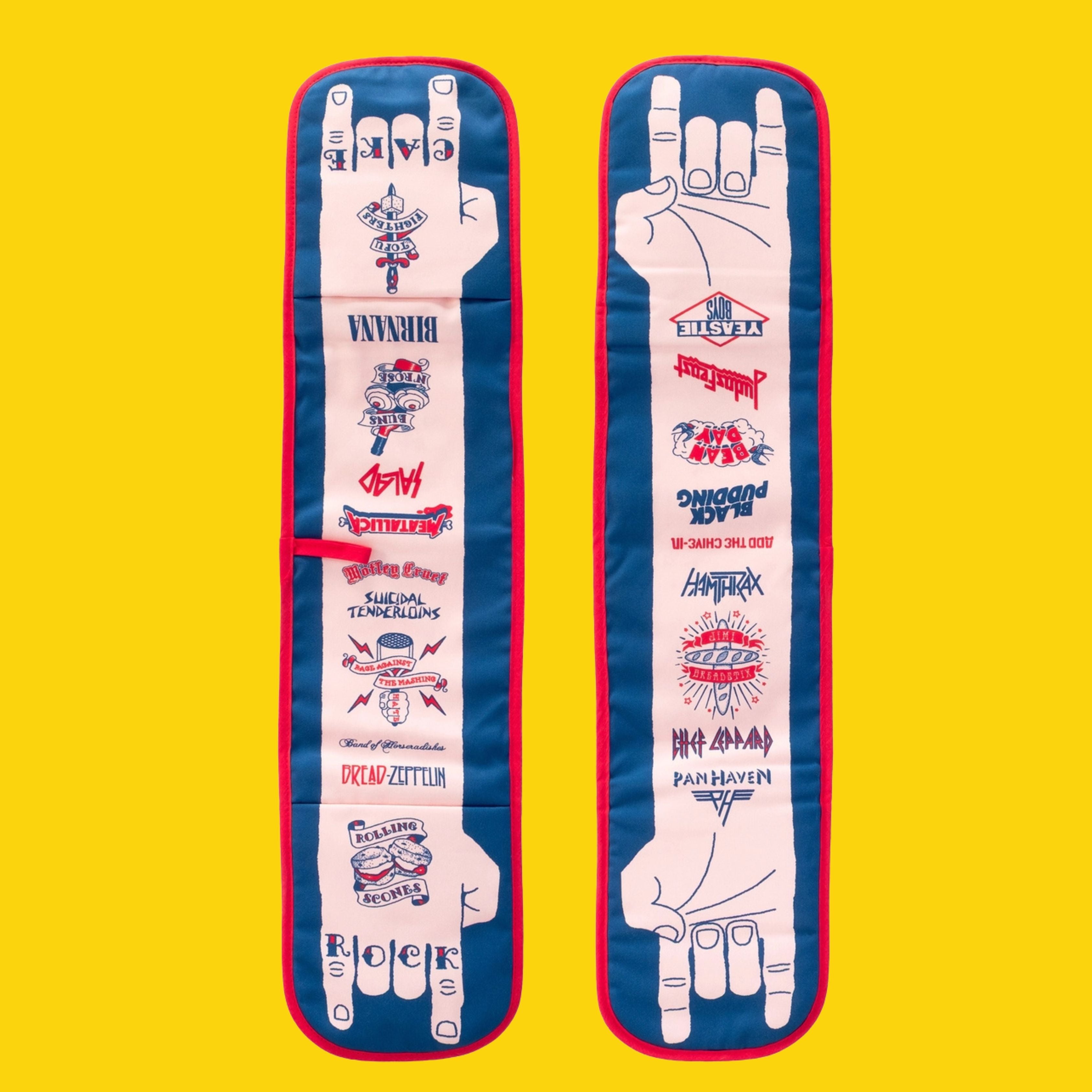 Rock Cake double oven glove shown flat in two views, featuring blue and cream panels, red trim, and tattoo-style rock band baking puns on a bright yellow background.