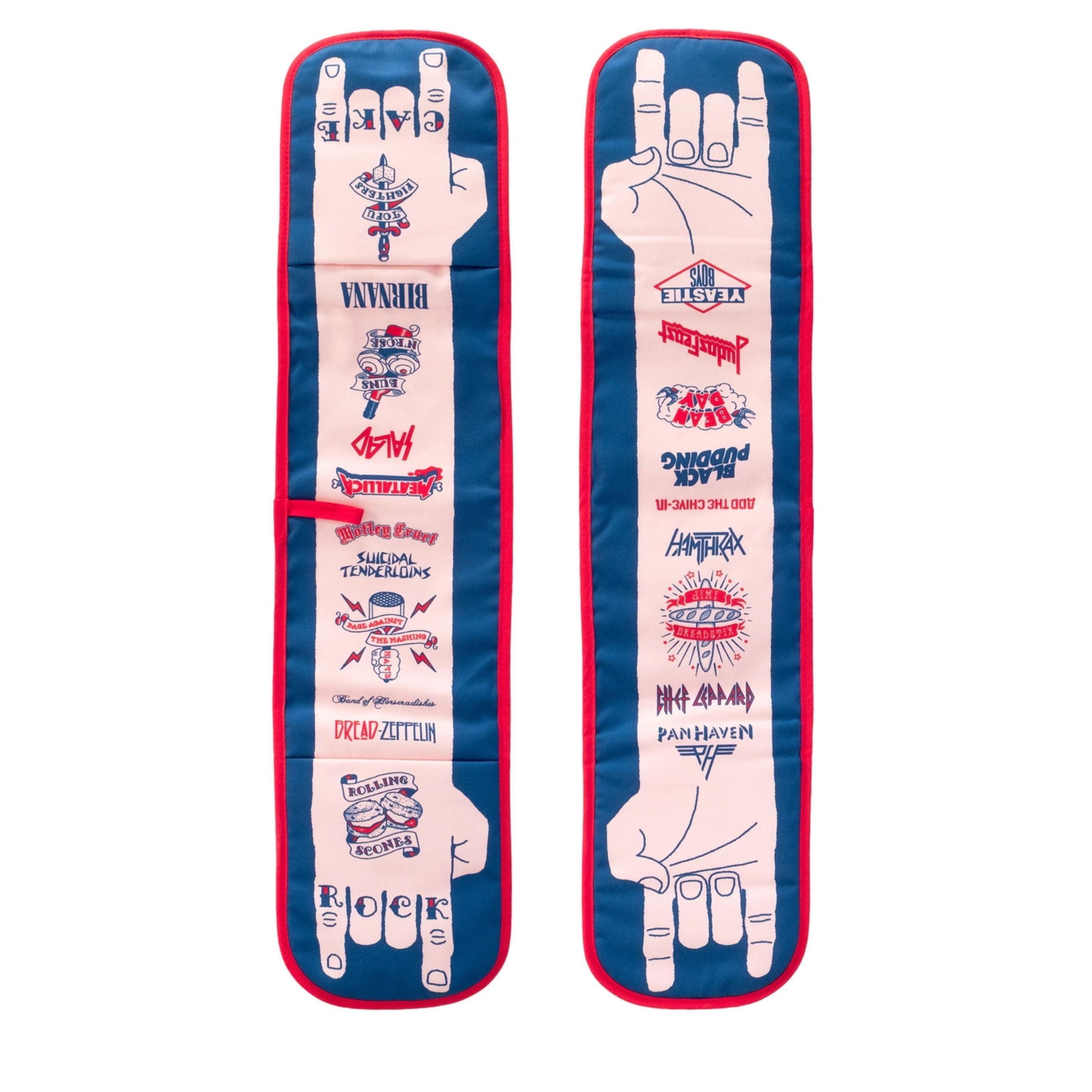 Rock Cake double oven glove shown flat in two views, featuring blue and cream panels, red trim, and tattoo-style rock band baking puns on a white background.