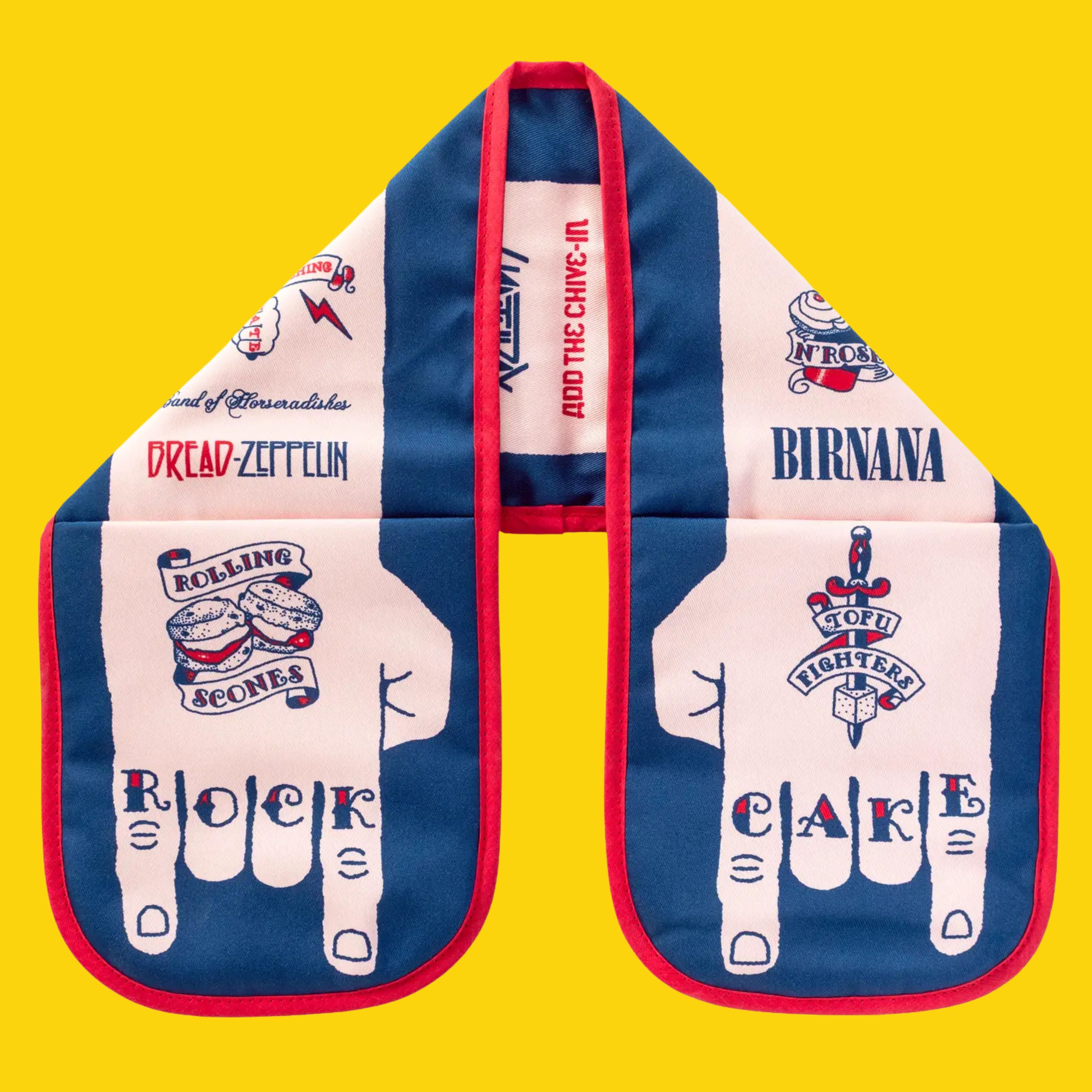 Rock Cake double oven glove with blue and cream panels, red trim, and tattoo-style rock band baking puns displayed on a bright yellow background.