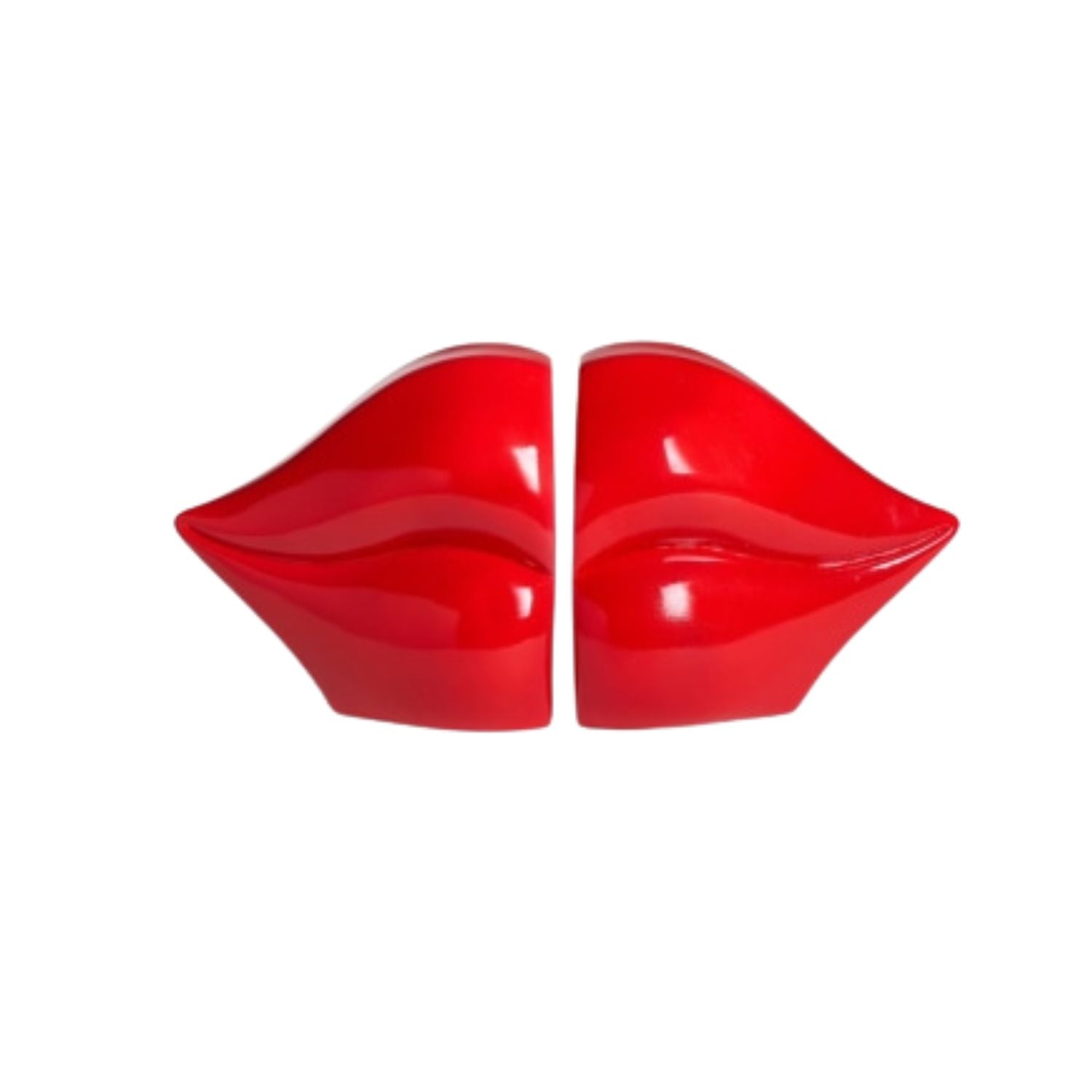 Set of glossy red lips resin bookends on a white background, modern statement home decor by Lizzie Onion’s Emporium.
