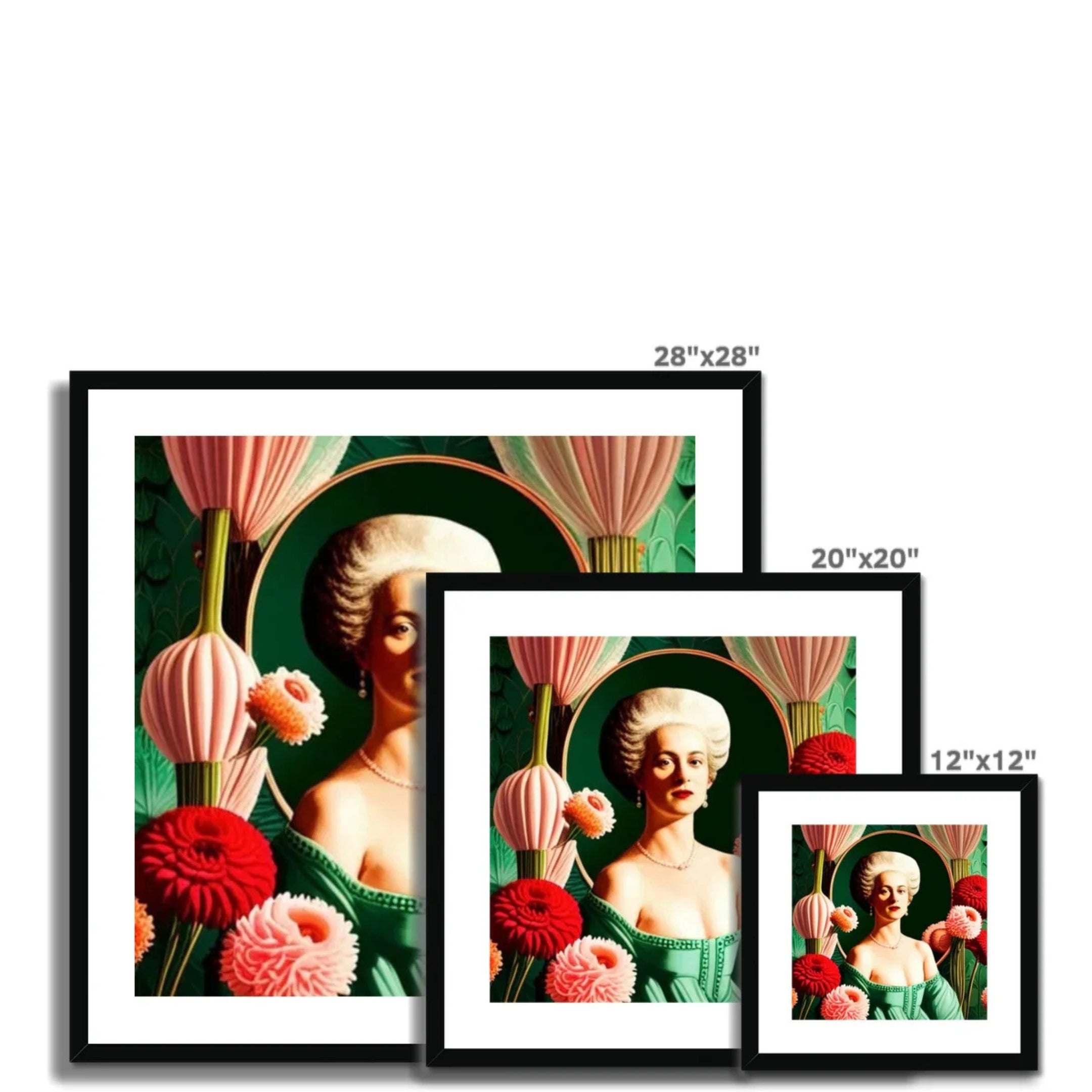 Size comparison showing Élodie – Garden Reverie premium black framed and mounted fine art print available in 12" × 12", 20" × 20" and 28" × 28" sizes.