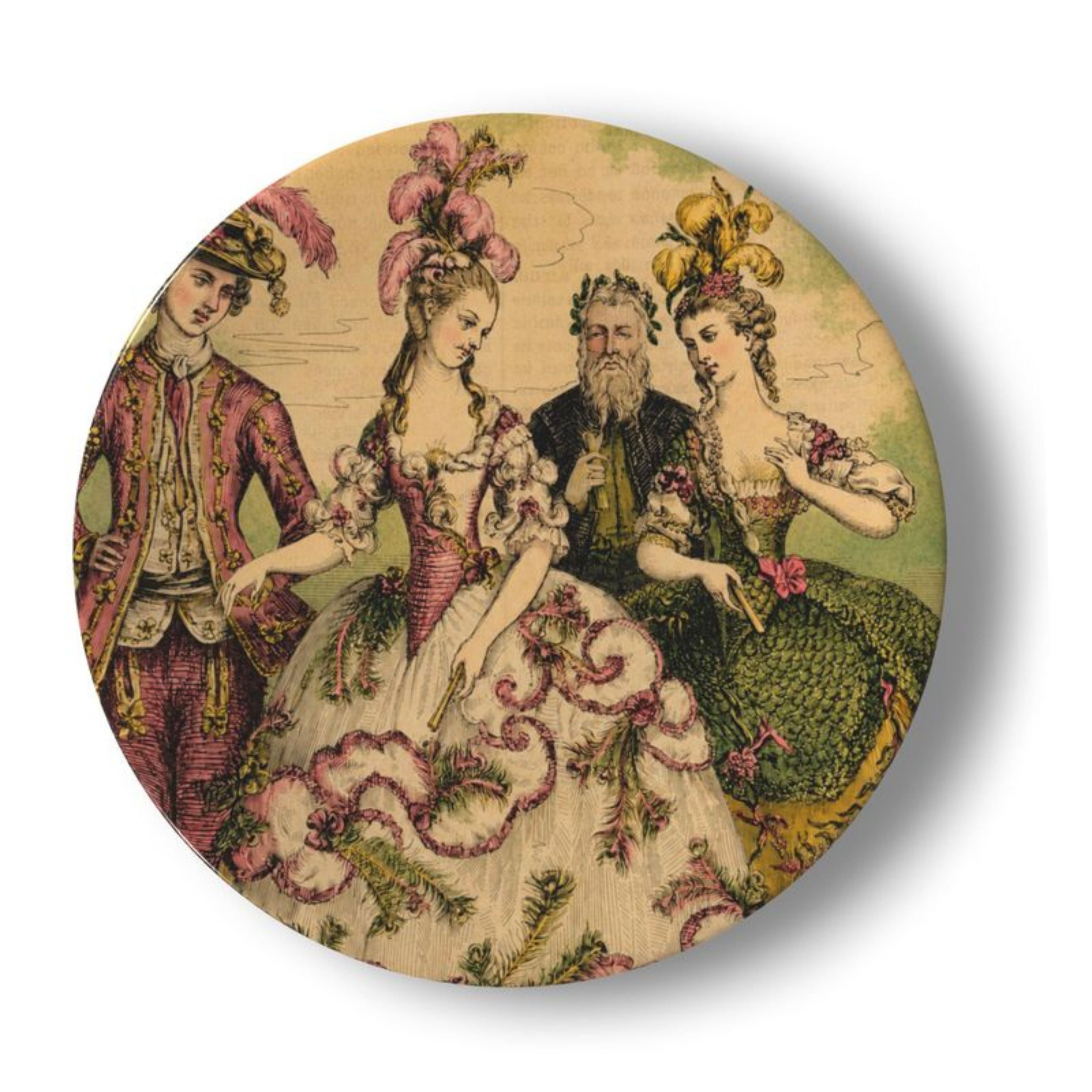 The Garden Soirée decorative wall plate featuring an elegant Rococo garden gathering with finely dressed ladies and gentlemen in 18th-century French fashion, surrounded by floral details and vintage-inspired artwork.